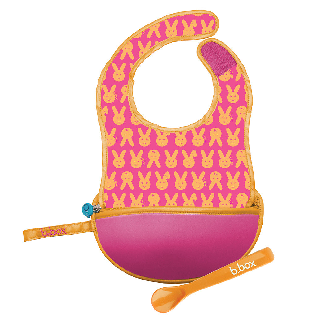 B.Box Travel Bib & Flexible Soft Bite Spoon Set Hip Hop Pink Orange