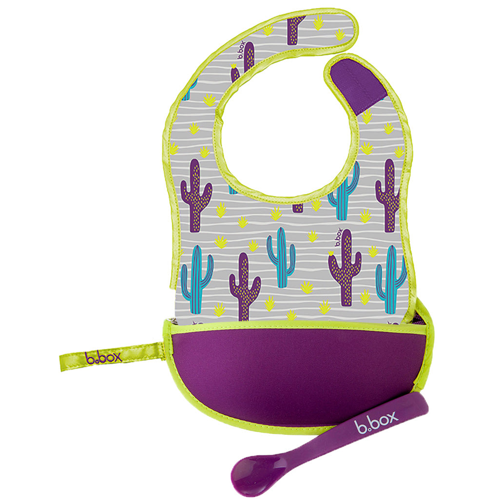 B.Box Travel Bib & Flexible Soft Bite Spoon Set Cactus Capers Purple Grey