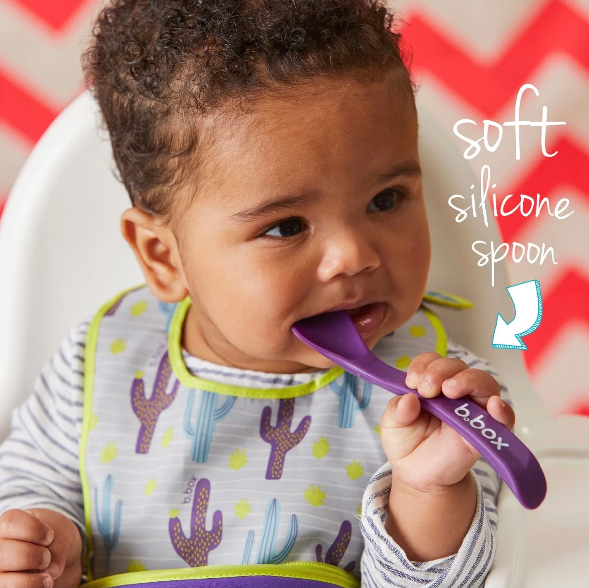 B.Box Travel Bib & Flexible Soft Bite Spoon Set Cactus Capers Purple Grey