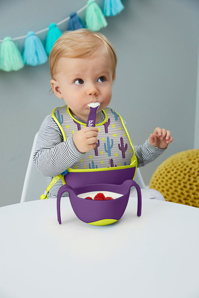 B.Box Travel Bib & Flexible Soft Bite Spoon Set Cactus Capers Purple Grey
