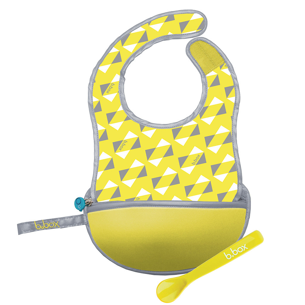 B.Box Travel Bib & Flexible Soft Bite Spoon Set Pine Splice Yellow Grey