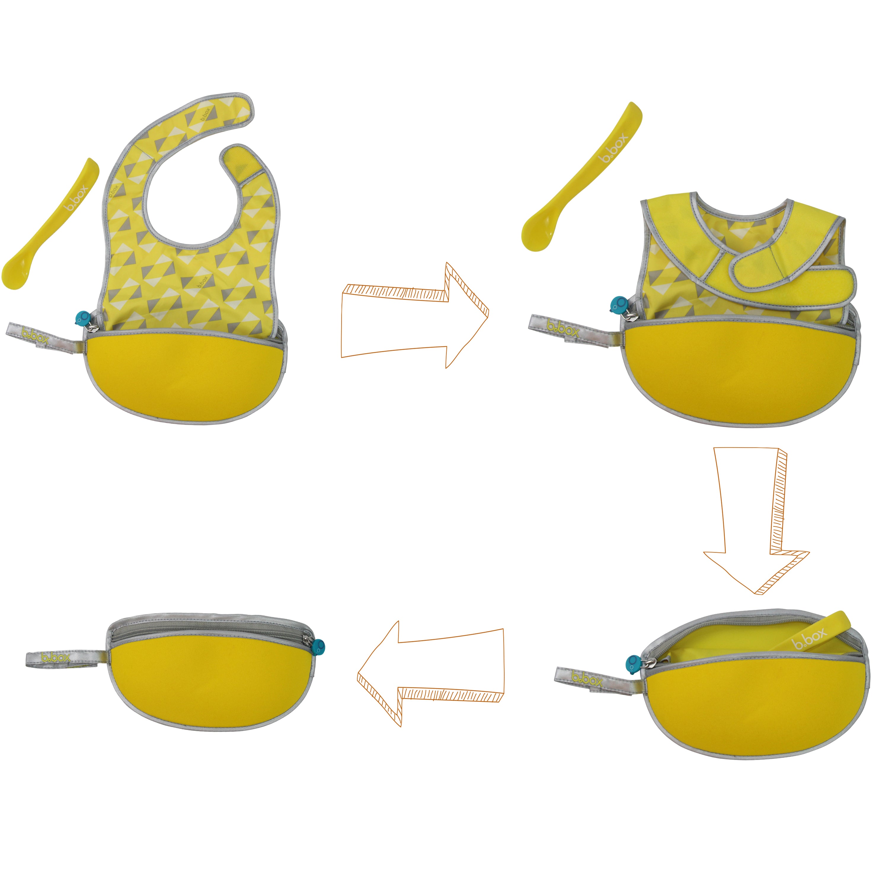 B.Box Travel Bib & Flexible Soft Bite Spoon Set Pine Splice Yellow Grey