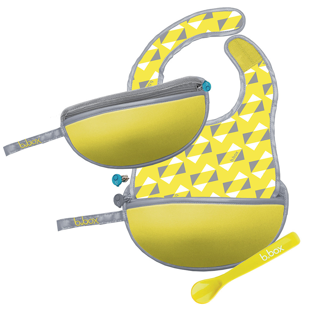 B.Box Travel Bib & Flexible Soft Bite Spoon Set Pine Splice Yellow Grey
