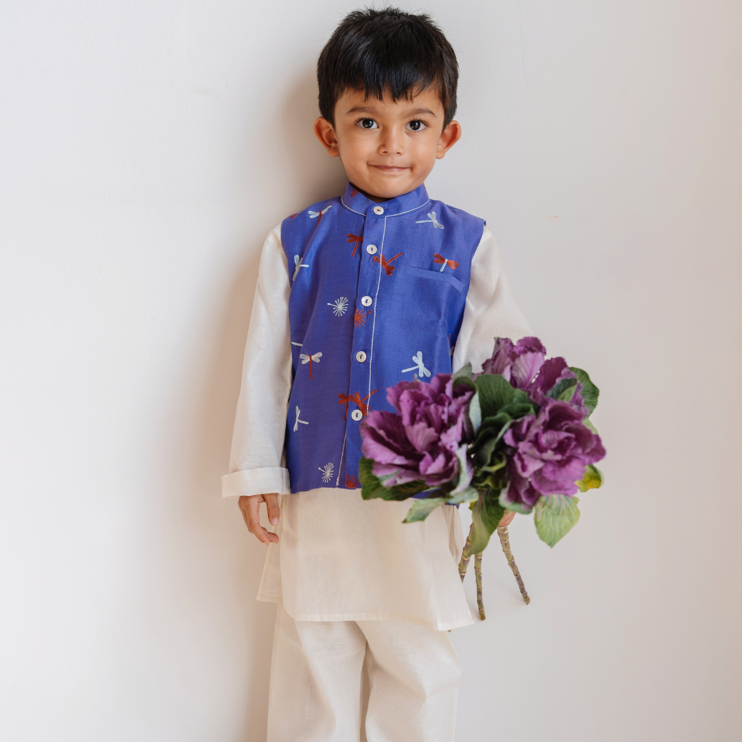 Chanderi Kurta Pyjama & Bandi Set
