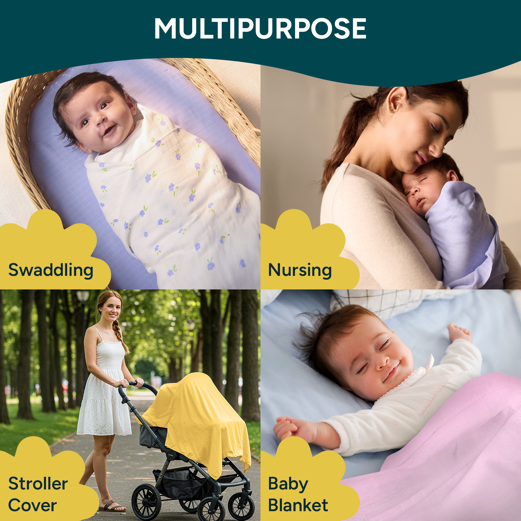 Nintara Baby Swaddle - 100% Organic Premium Muslin Cotton, 39" x 39" (100 cm x 100 cm), Ultra-Soft, Breathable & Lightweight, Multipurpose, Unisex, Hypoallergenic, Gifts for Newborn Babies