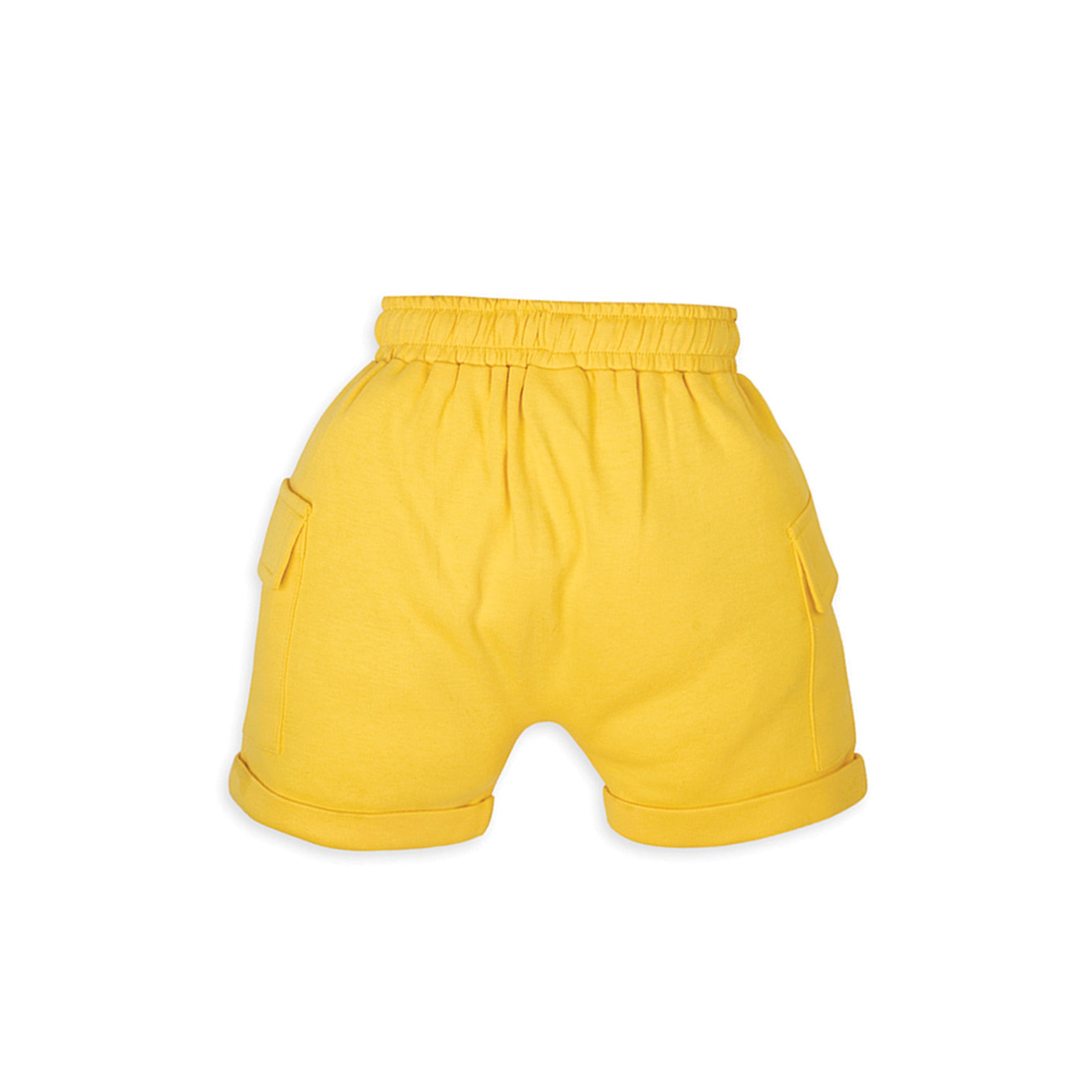 My Milestones Bio-Wash 100% Cotton Short Sleeves Farm Embroidered Applique Tee and Shorts with Pockets - White & Yellow
