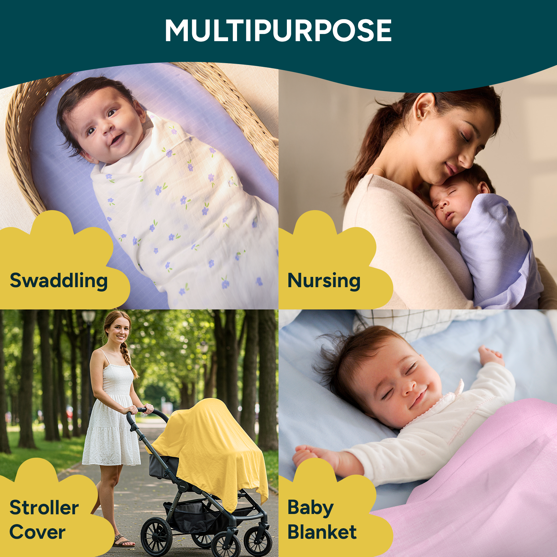 Nintara Baby Swaddle - 100% Organic Premium Muslin Cotton, 39" x 39" (100 cm x 100 cm), Ultra-Soft, Breathable & Lightweight, Multipurpose, Unisex, Hypoallergenic, Gifts for Newborn Babies