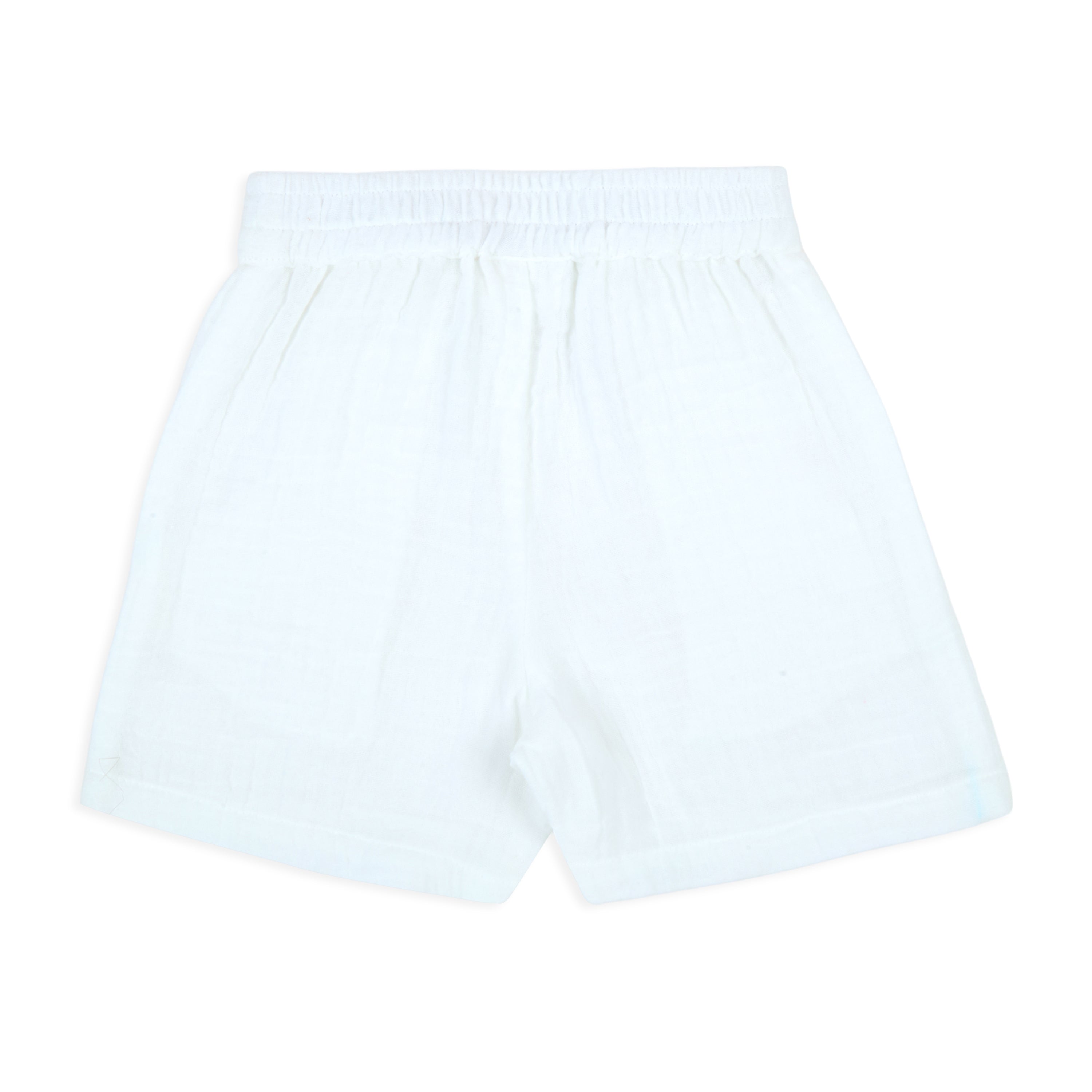 Printed Baby Girl Round Neck Tee With Double Cloth Woven Shorts - Baby Blue & White