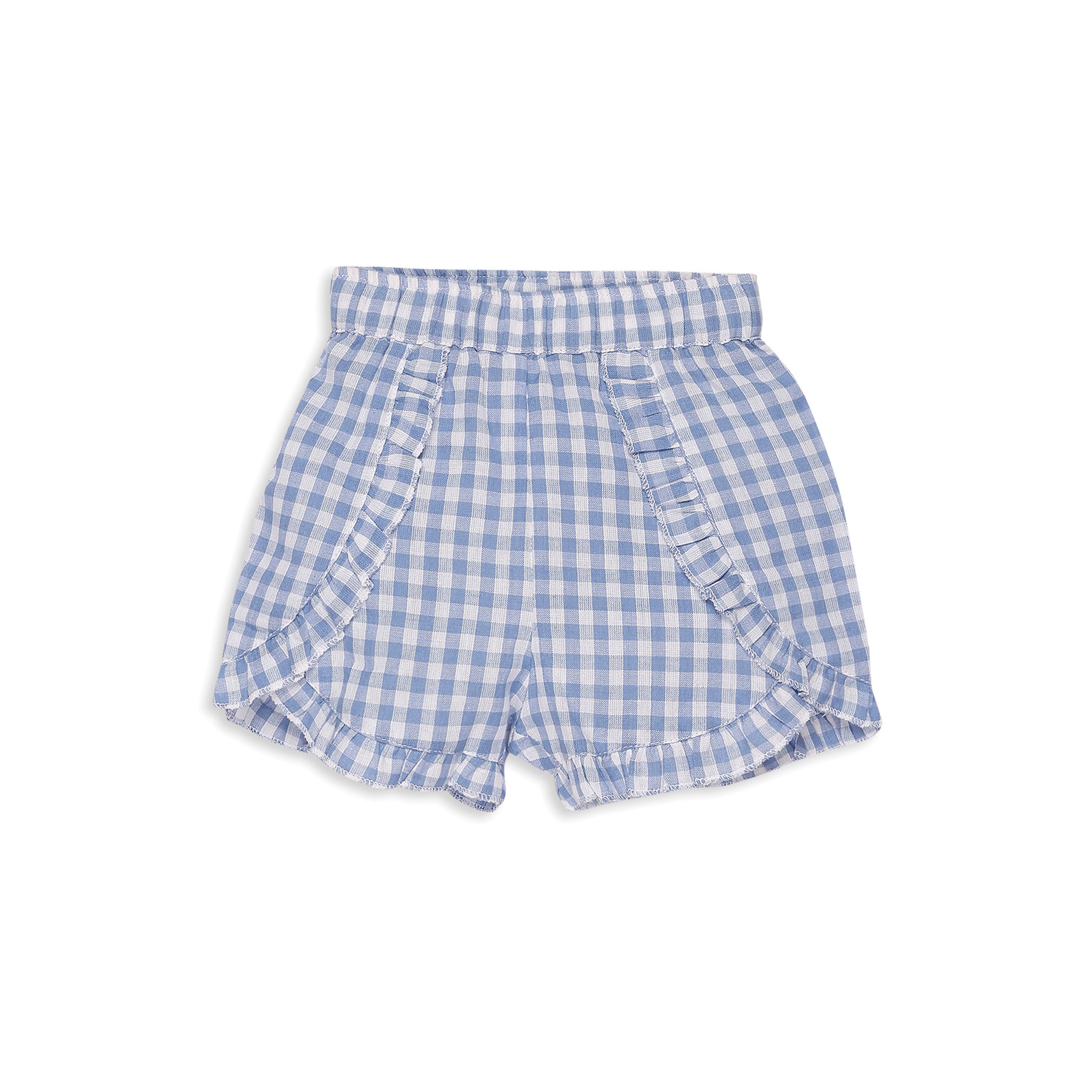 My Milestones 100% Cotton Tulip Sleeve Tee With Ruffle Gingham Shorts & Hairband - White & Blue