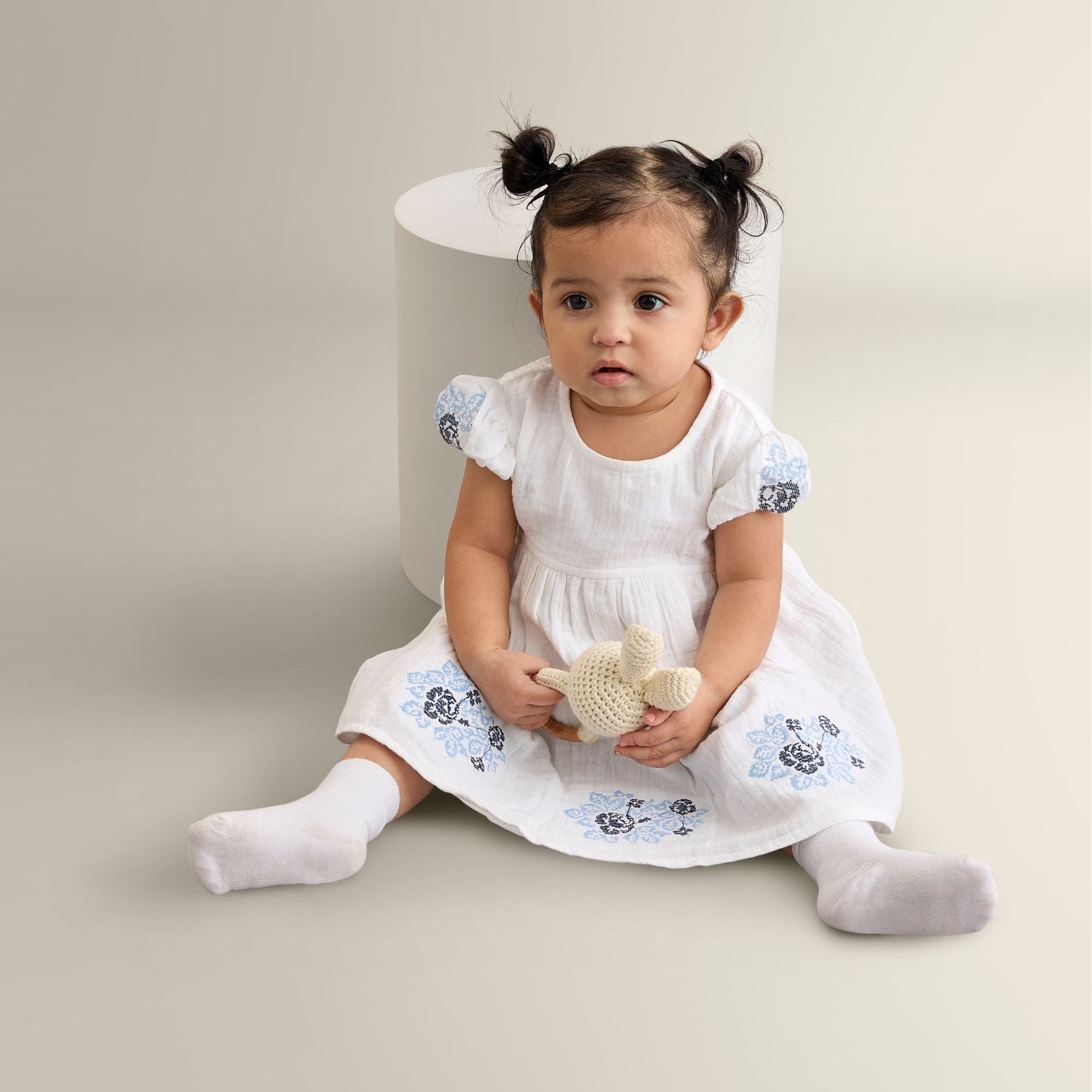 My Milestones Celeste Sky Pure Cotton Eyelet & Oxford Chambray Flared Dress with Lace Detail - White