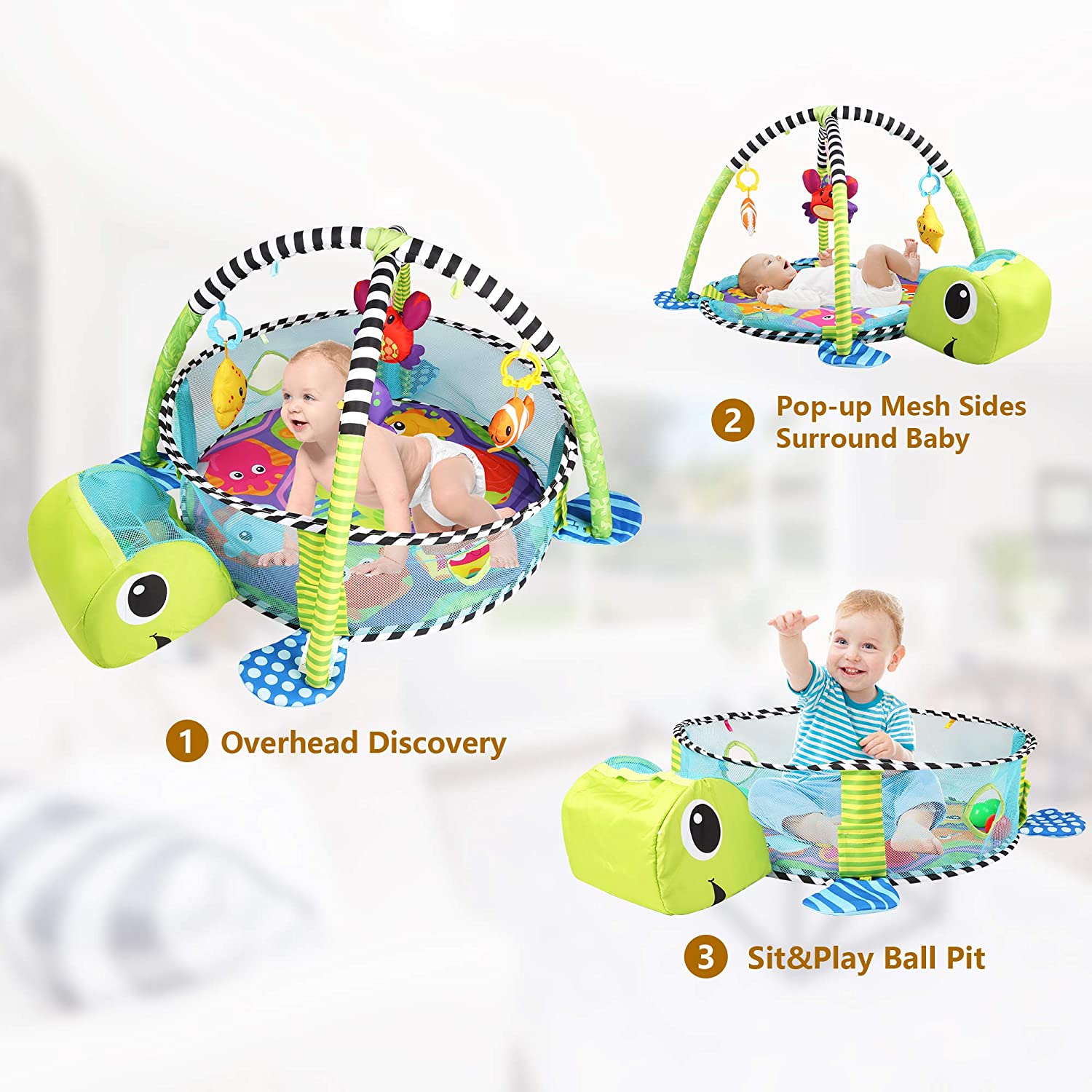 Baby Moo Turtle Infant Play Mat Activity Gym With Hanging Toys And Balls - Green