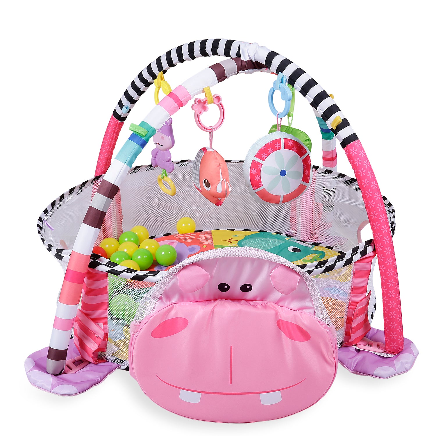 Baby Moo Hippo Infant Play Mat Activity Gym With Hanging Toys And Balls - Pink