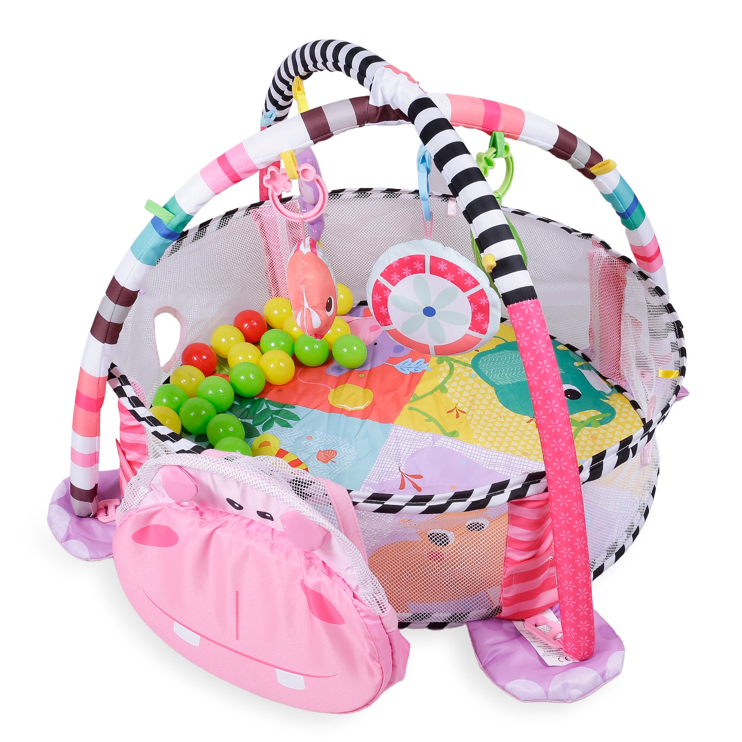 Baby Moo Hippo Infant Play Mat Activity Gym With Hanging Toys And Balls - Pink