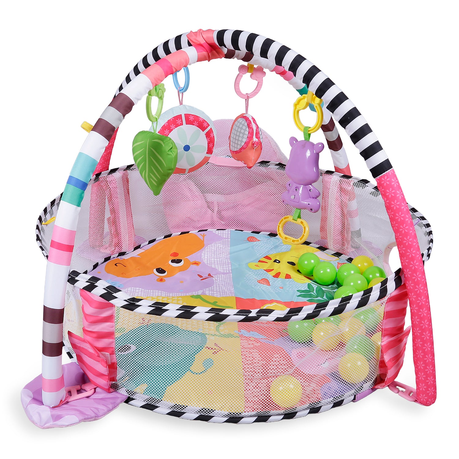 Baby Moo Hippo Infant Play Mat Activity Gym With Hanging Toys And Balls - Pink