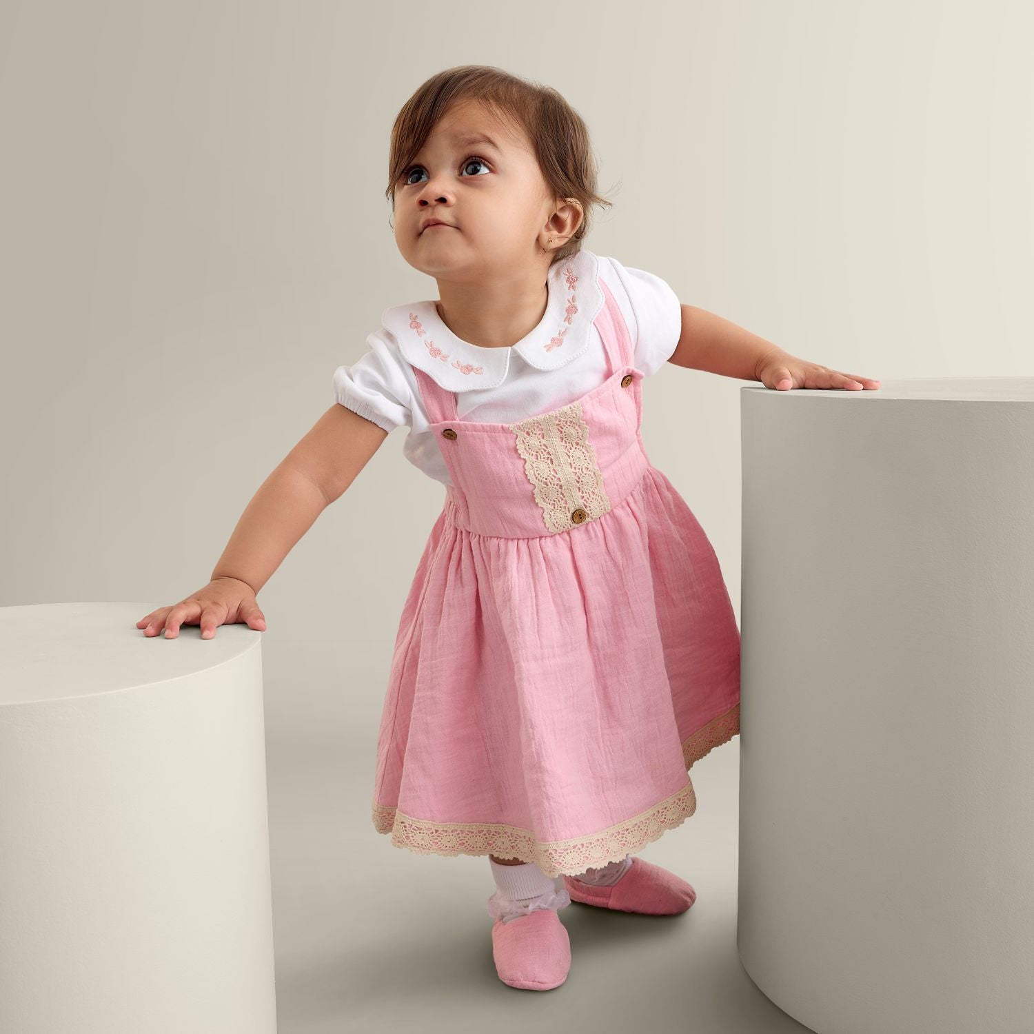 My Milestones Baby Girl Chloé Dungaree Dress With Crochet Details And Embroidered Tee - White & Pink
