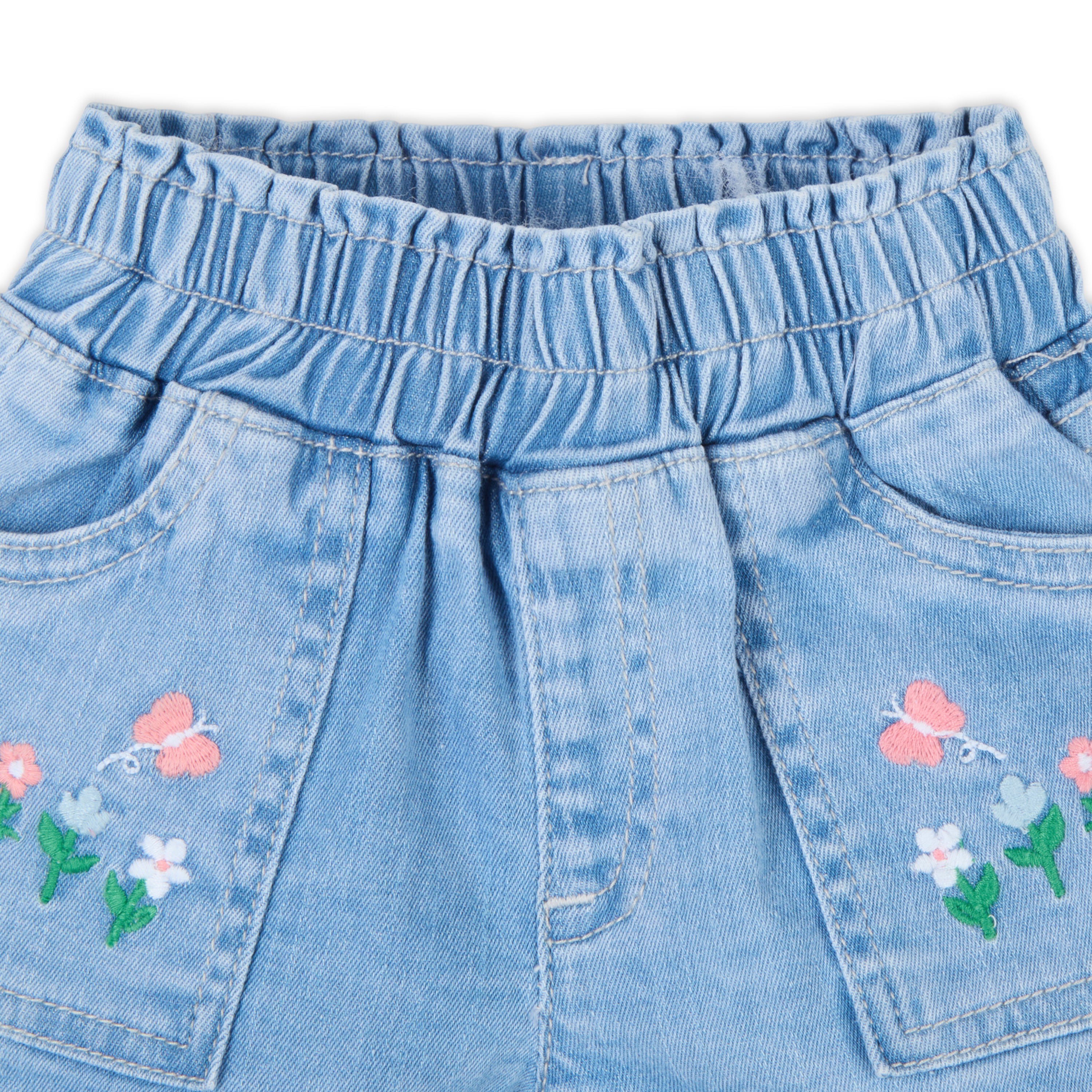 Butterfly Print Tee With Denim Shorts & Hairband - White & Blue