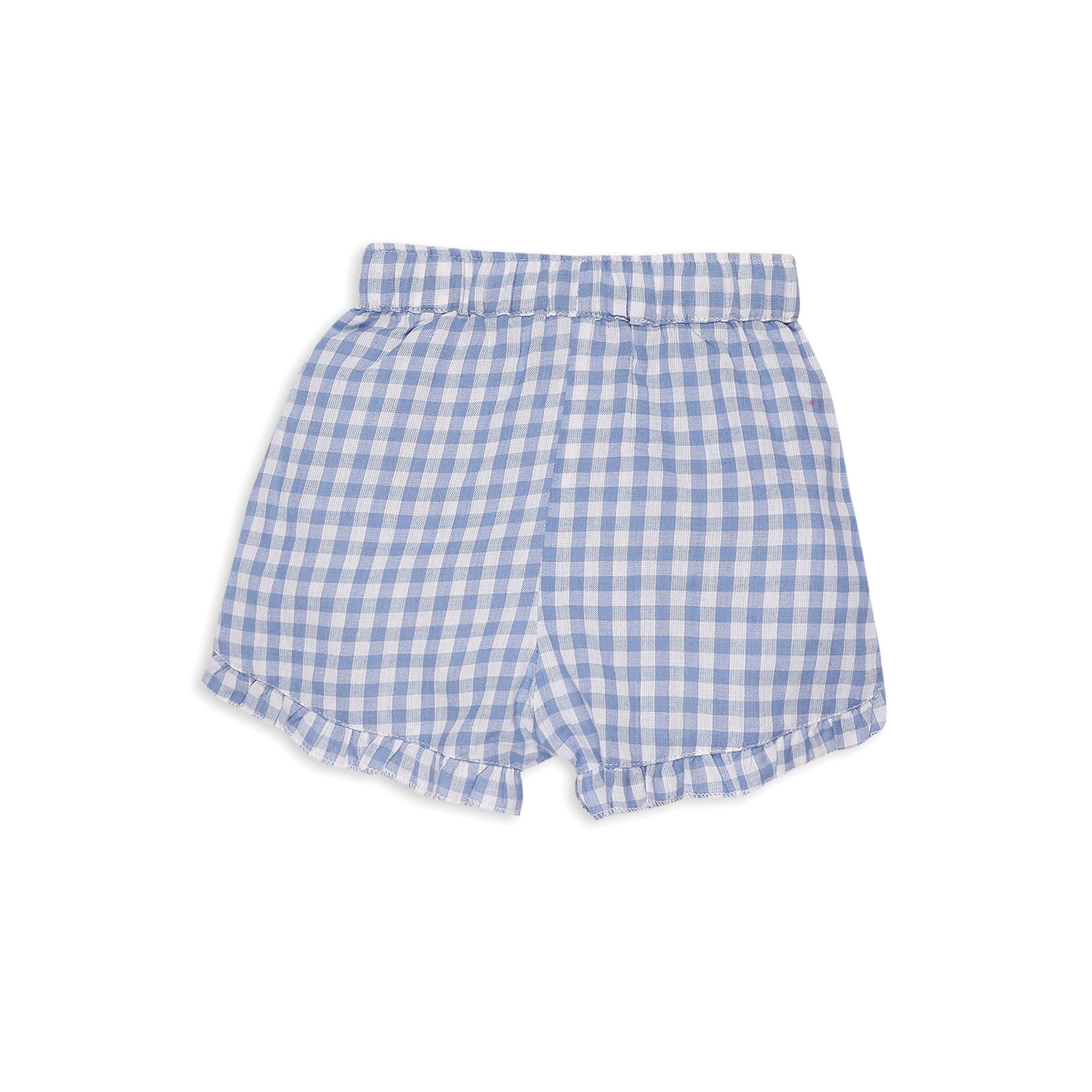My Milestones 100% Cotton Tulip Sleeve Tee With Ruffle Gingham Shorts & Hairband - White & Blue