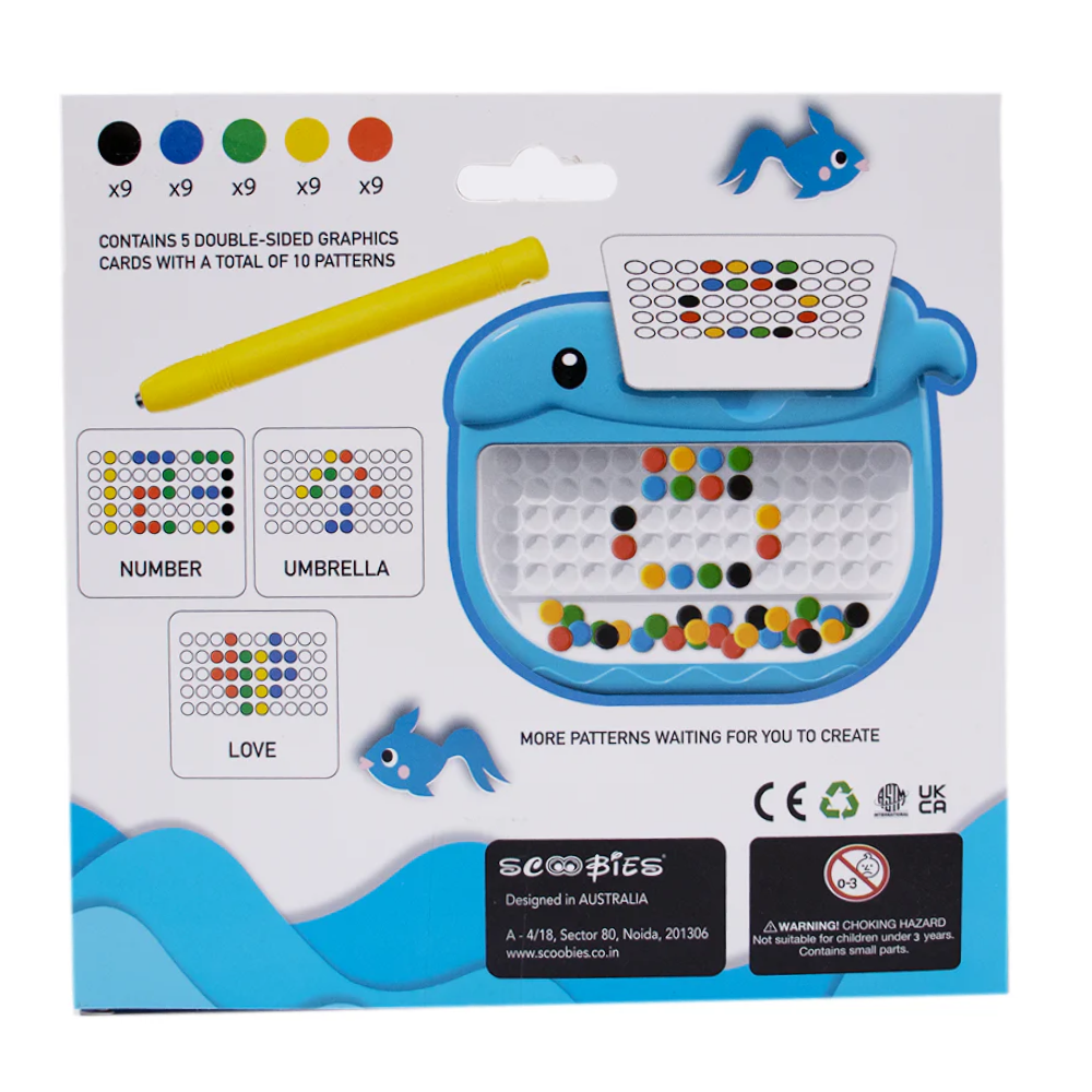 Scoo Tiny - Whale Shaped Magnetic Board with 45 Colorful Beads, 10 Pattern Sheets & a Stylus