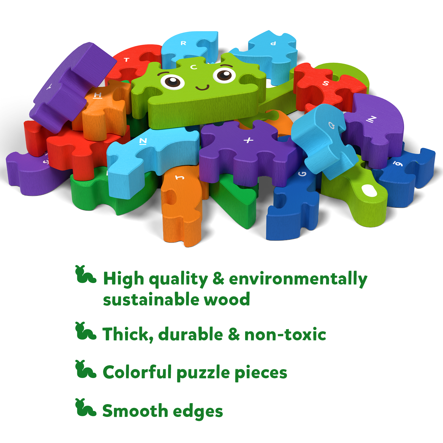 Skillmatics Wooden Puzzle - The Clever Caterpillar, 2 Puzzles in 1, 26 Double-Sided Pieces, Learn Letters & Numbers, Gifts for Ages 3 to 7