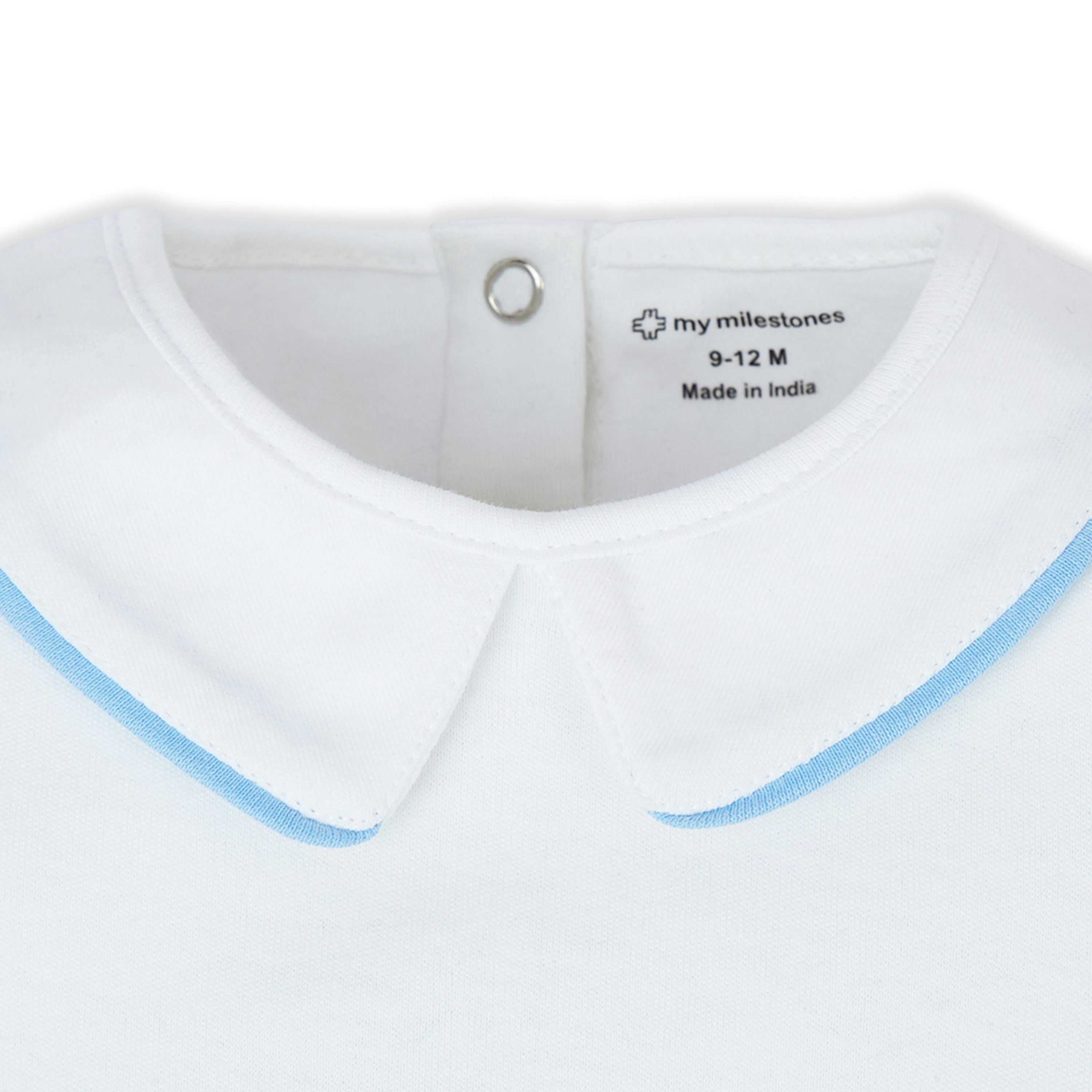 My Milestones Bio-Wash 100% Cotton Barnyard Dog Applique Embroidered Tee with Color Block Shorts - White & Blue