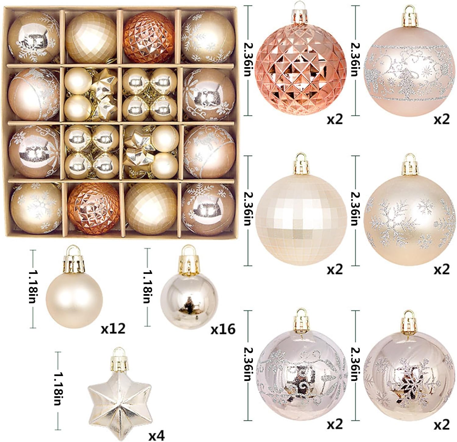44 Pcs Champagne Rose Gold Baubles