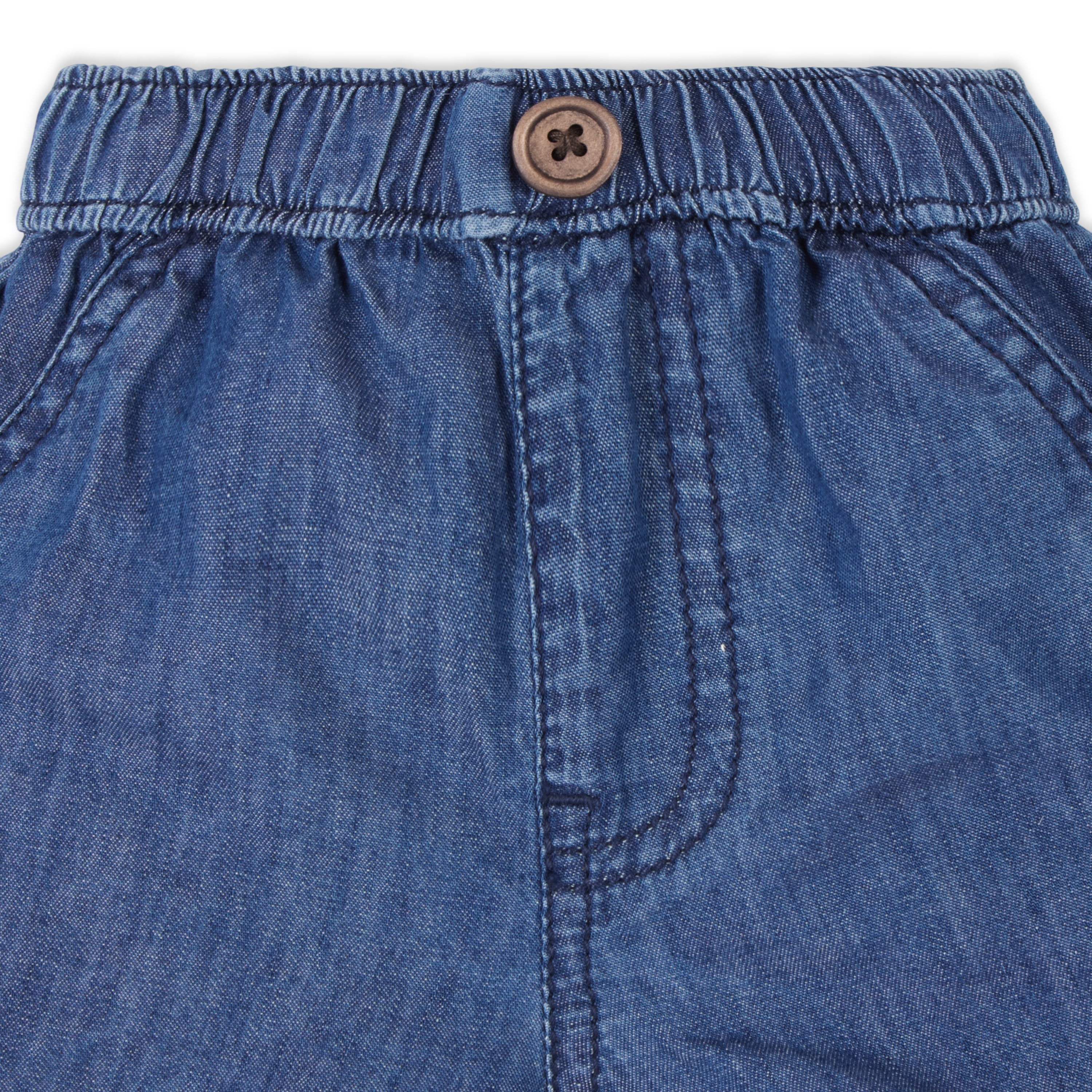Gingham Checks Shirt With Denim Shorts & Bear Applique - Blue