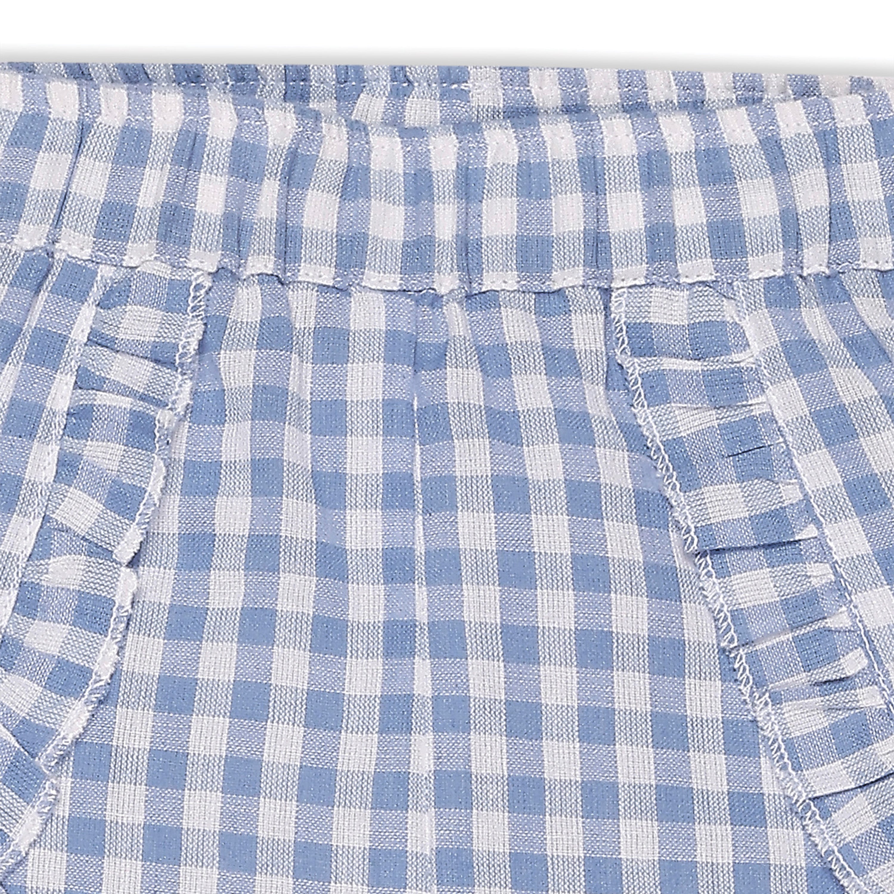 My Milestones 100% Cotton Tulip Sleeve Tee With Ruffle Gingham Shorts & Hairband - White & Blue