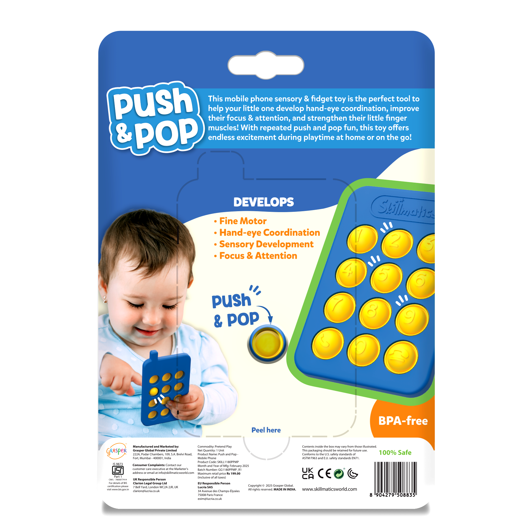 Skillmatics Push & Pop Mobile Phone for Kids - Pretend Play, Sensory & Fidget Toy, Food-Grade Silicone, Waterproof, Travel-Friendly, Child-Safe, Fine Motor Skills, Gifts for Infants 9-24 Months