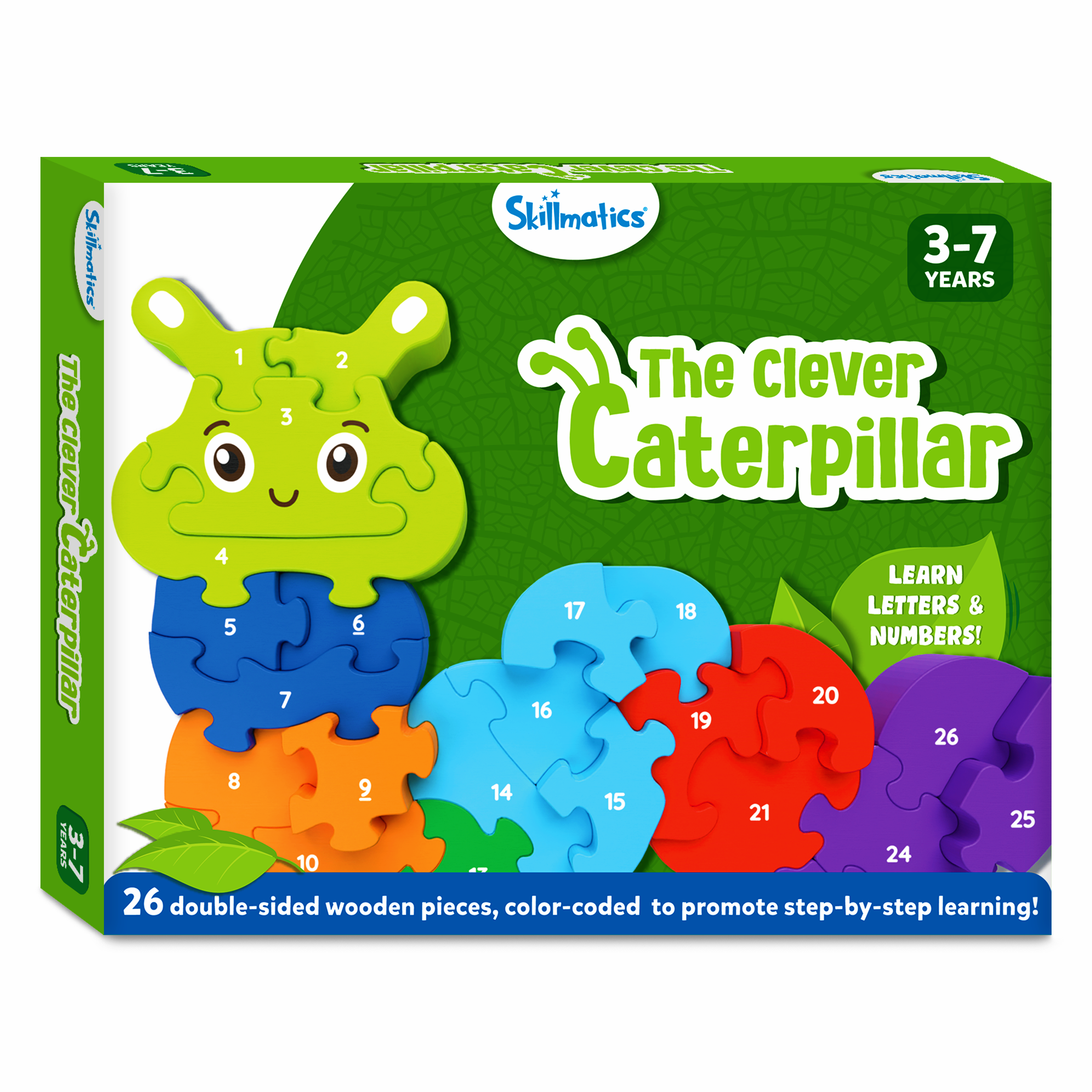 Skillmatics Wooden Puzzle - The Clever Caterpillar, 2 Puzzles in 1, 26 Double-Sided Pieces, Learn Letters & Numbers, Gifts for Ages 3 to 7