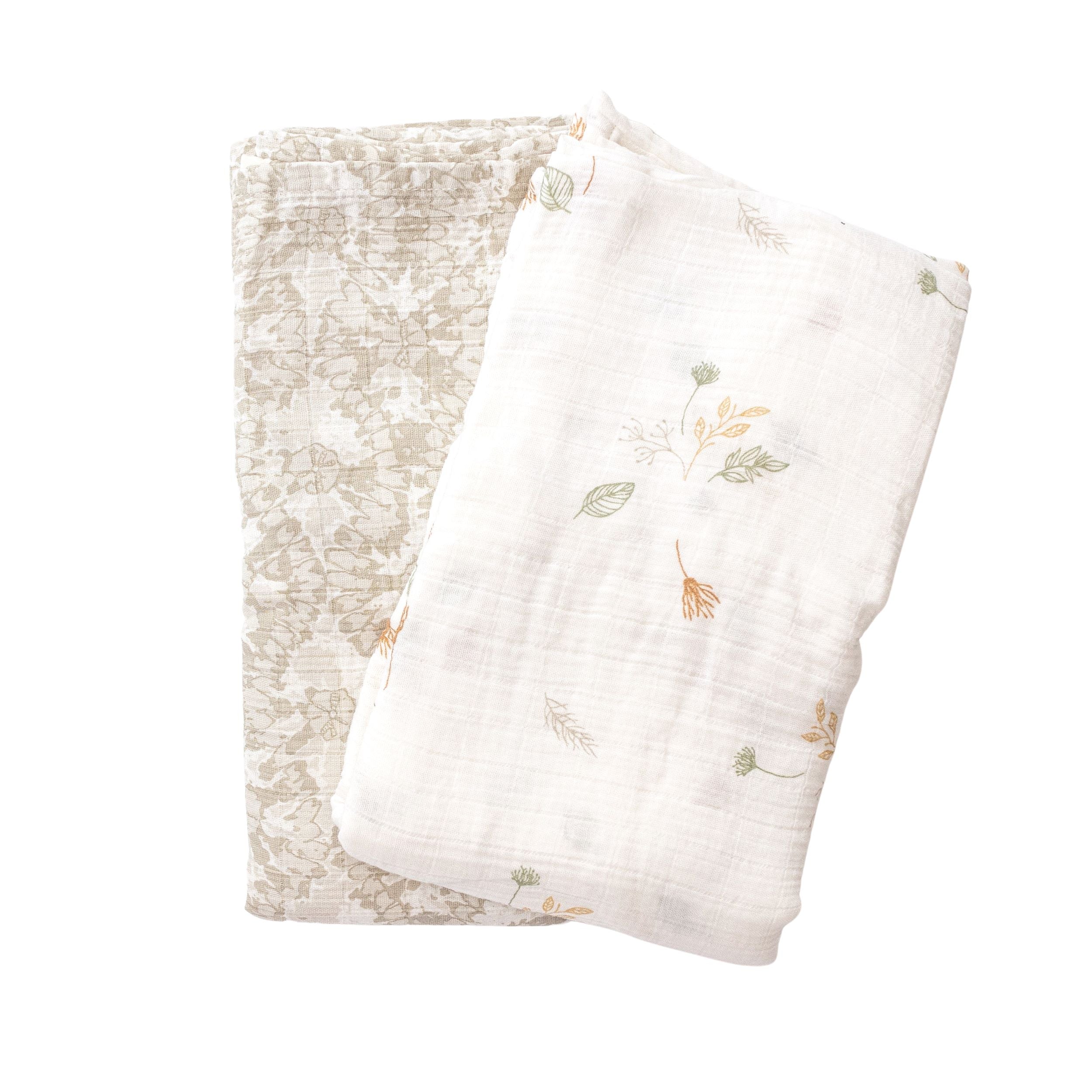 Crane Baby Muslin Swaddle Set Of 2 Dainty Leaf  Willow Collection - Cream