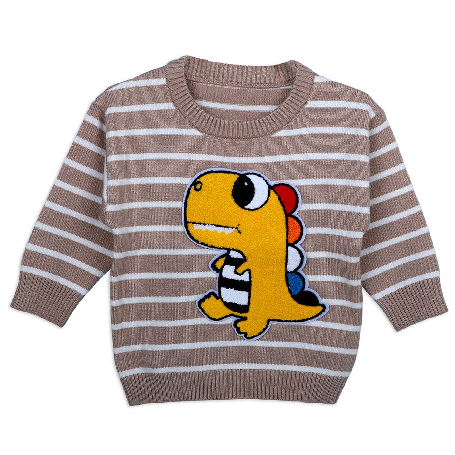 Dashing Dino Striped Premium Full Sleeves Knitted Sweater - Greyish Brown