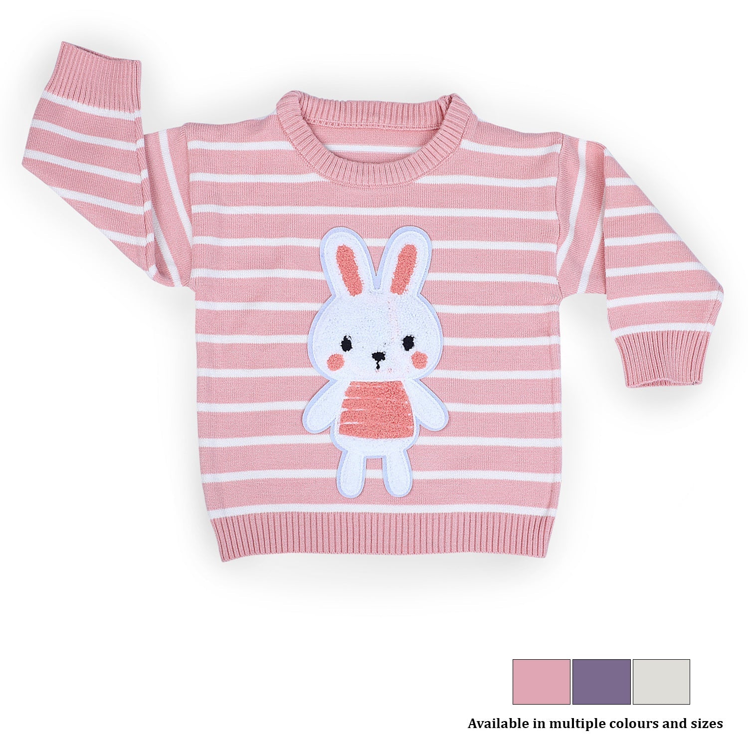 Hopping Rabbit Striped Premium Full Sleeves Knitted Sweater - Pink - Baby Moo