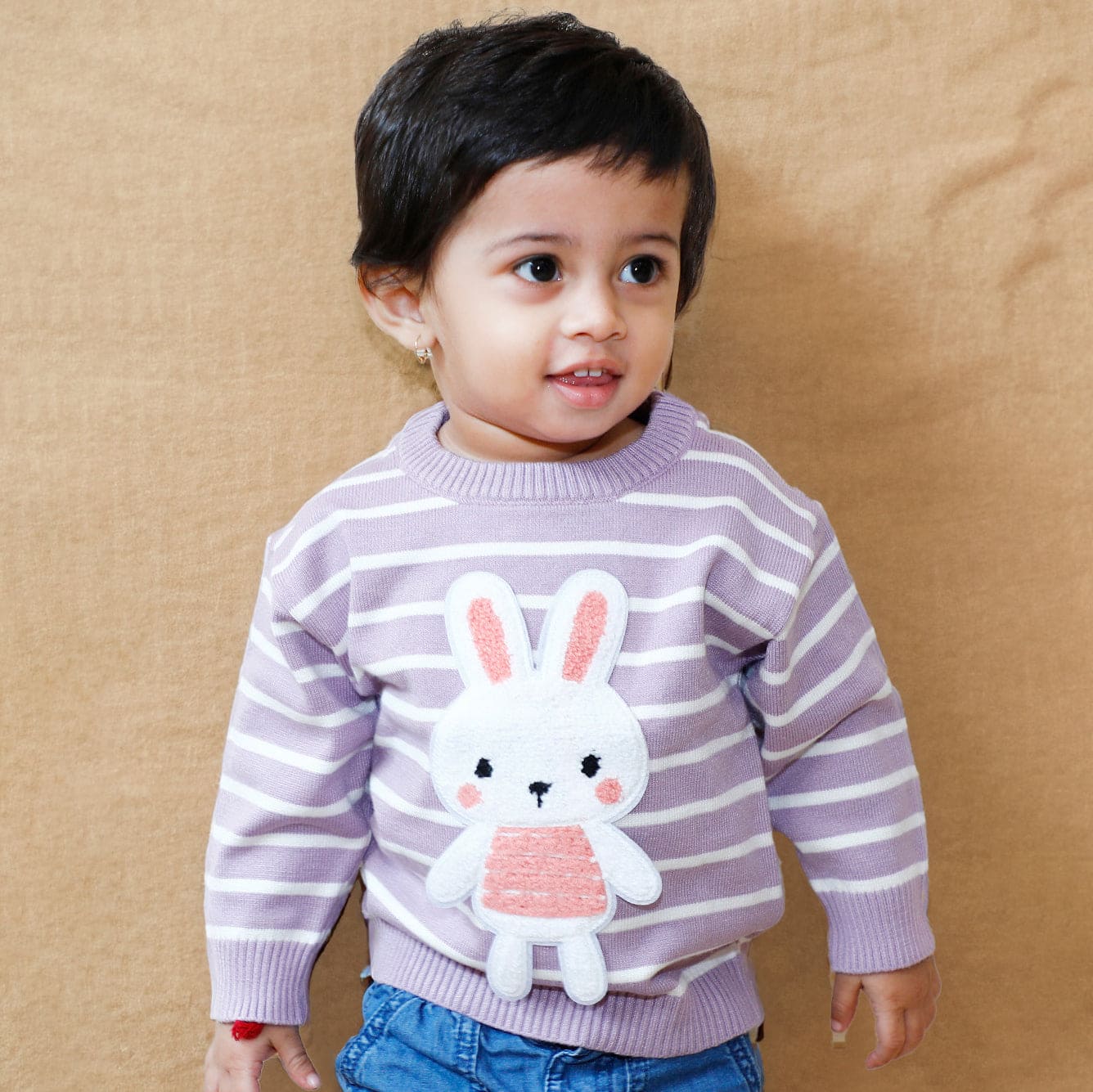 Hopping Rabbit Striped Premium Full Sleeves Knitted Sweater - Purple