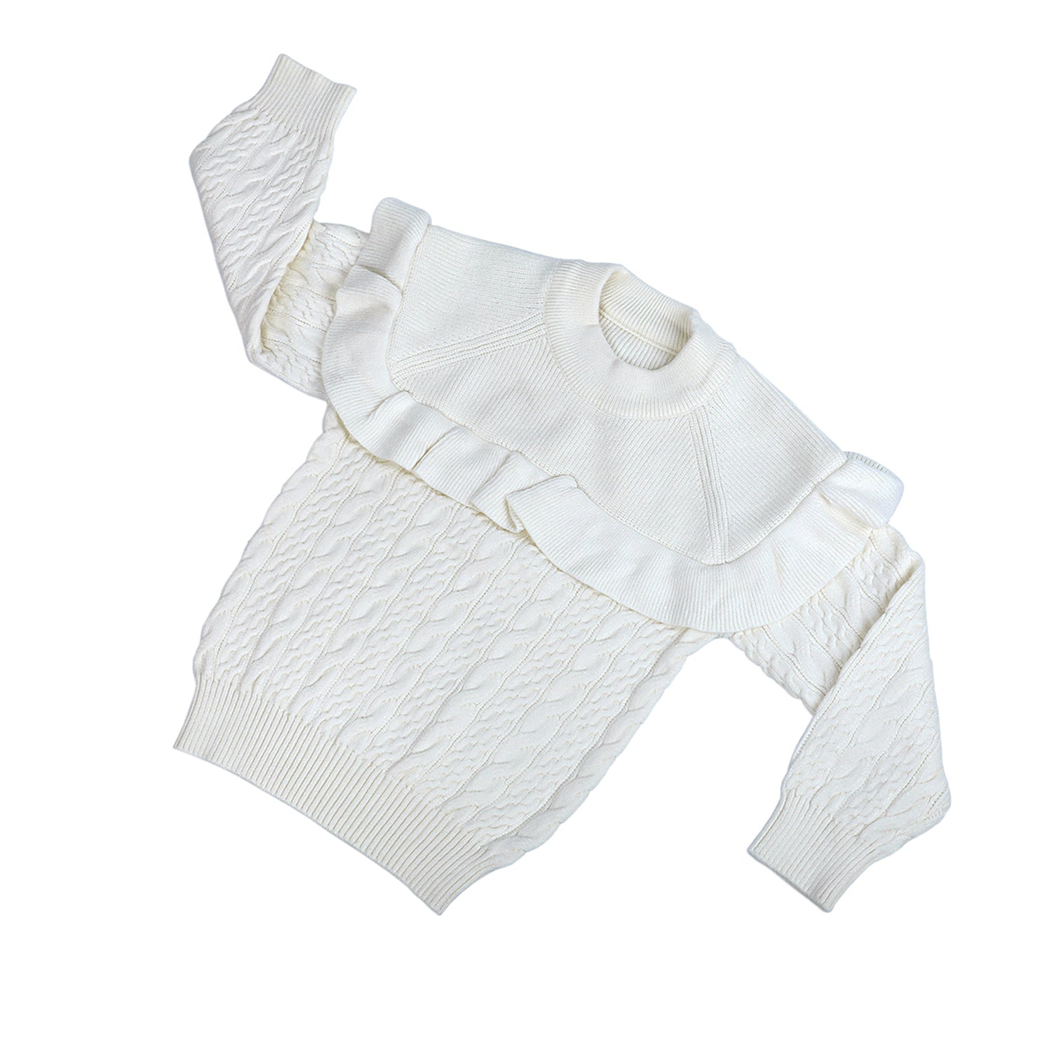 Ruffled Jumper Solid Premium Full Sleeves Braided Knit Sweater - White - Baby Moo