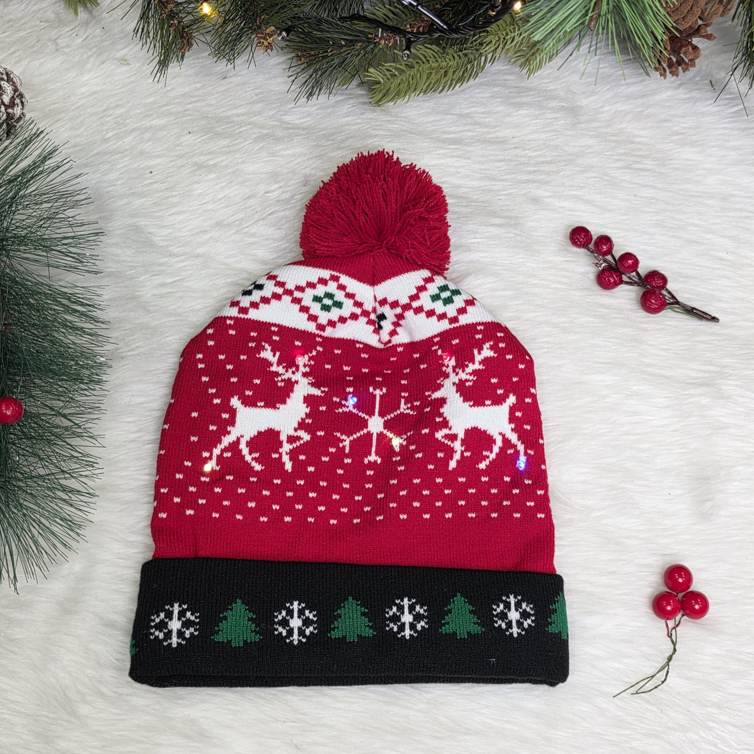 Nordic Reindeer Knit LED Beanie