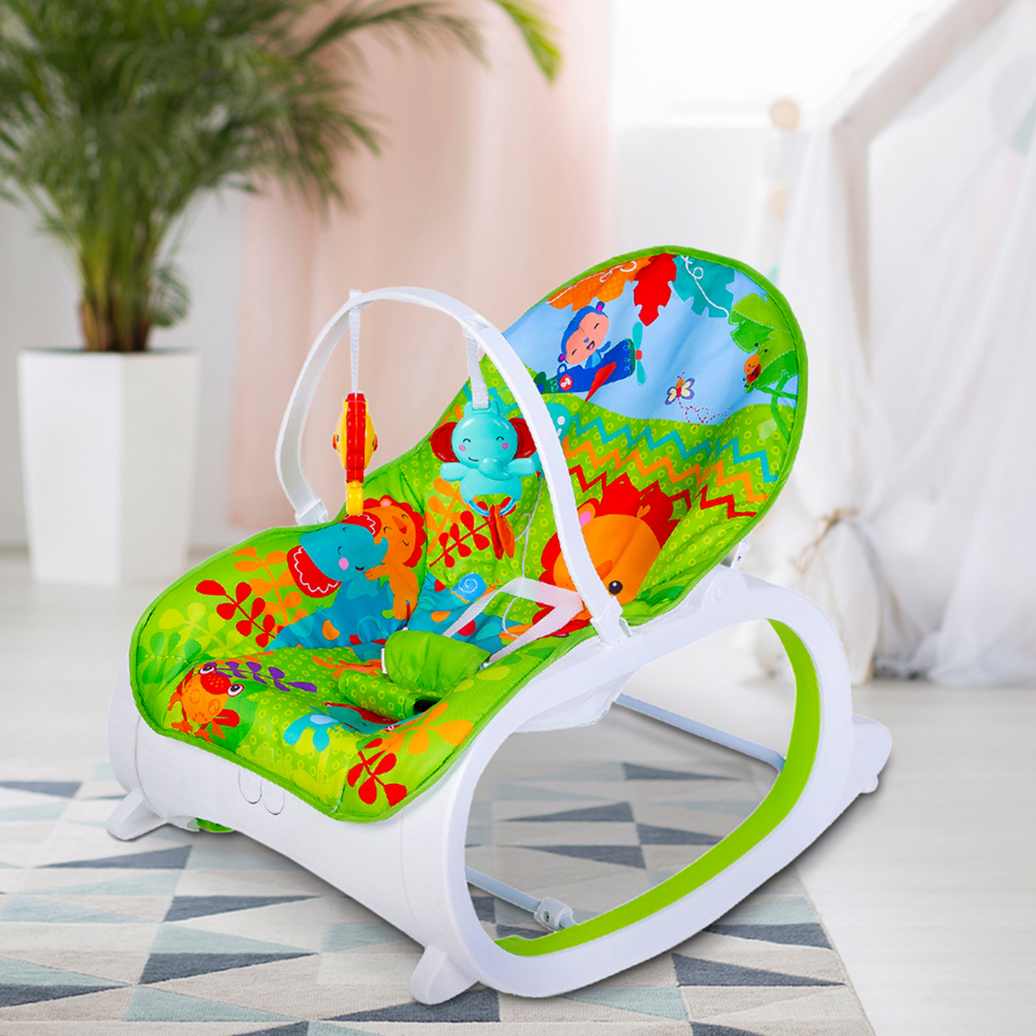 Baby Moo Infant To Toddler With Animals In Jungle Happy Baby Bouncer With Hanging Toys Green