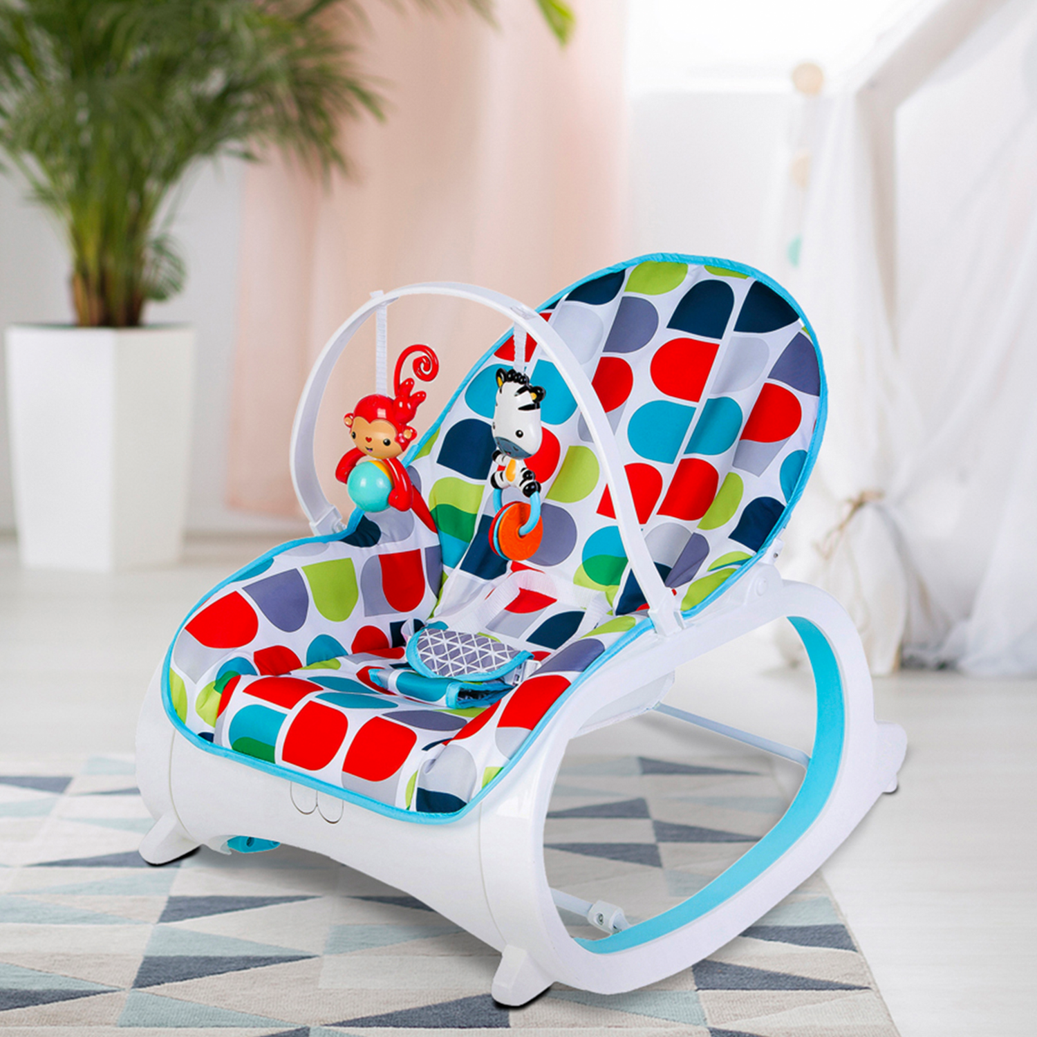 Baby Moo Infant To Toddler Polka Dotted Portable Rocker With Hanging Toys Blue