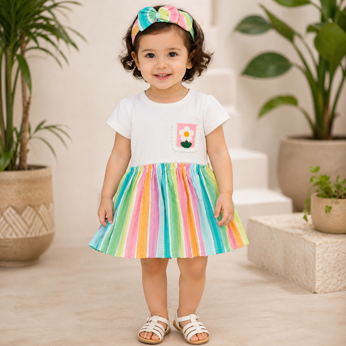 Rainbow Seersucker Stripes Mix-Media Dress With Hairband - Multi