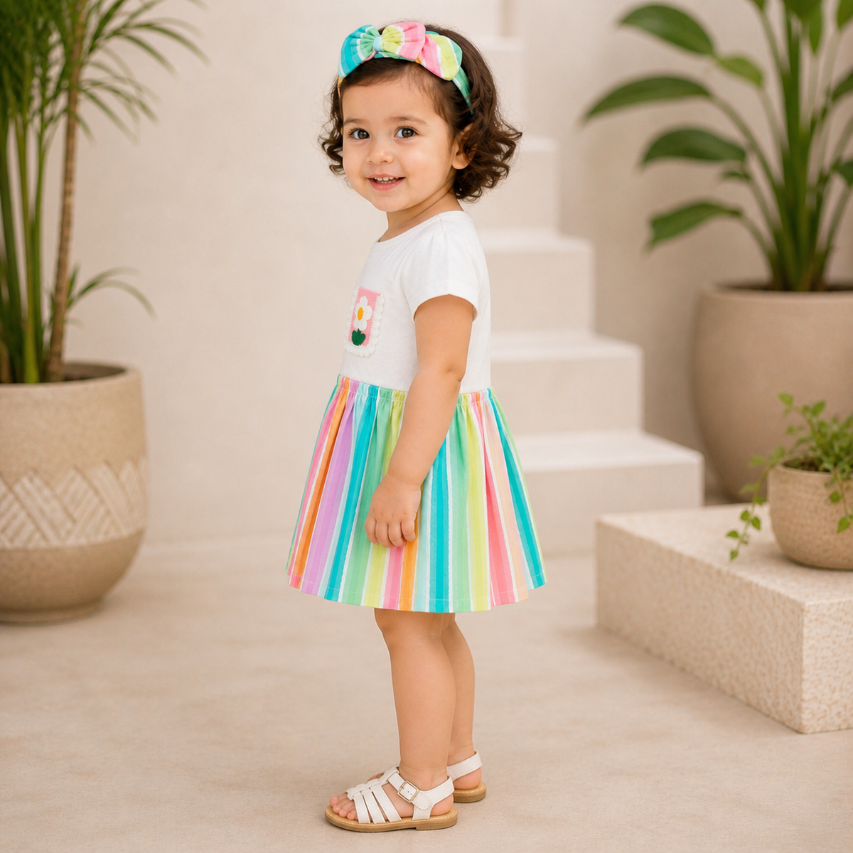 Rainbow Seersucker Stripes Mix-Media Dress With Hairband - Multi