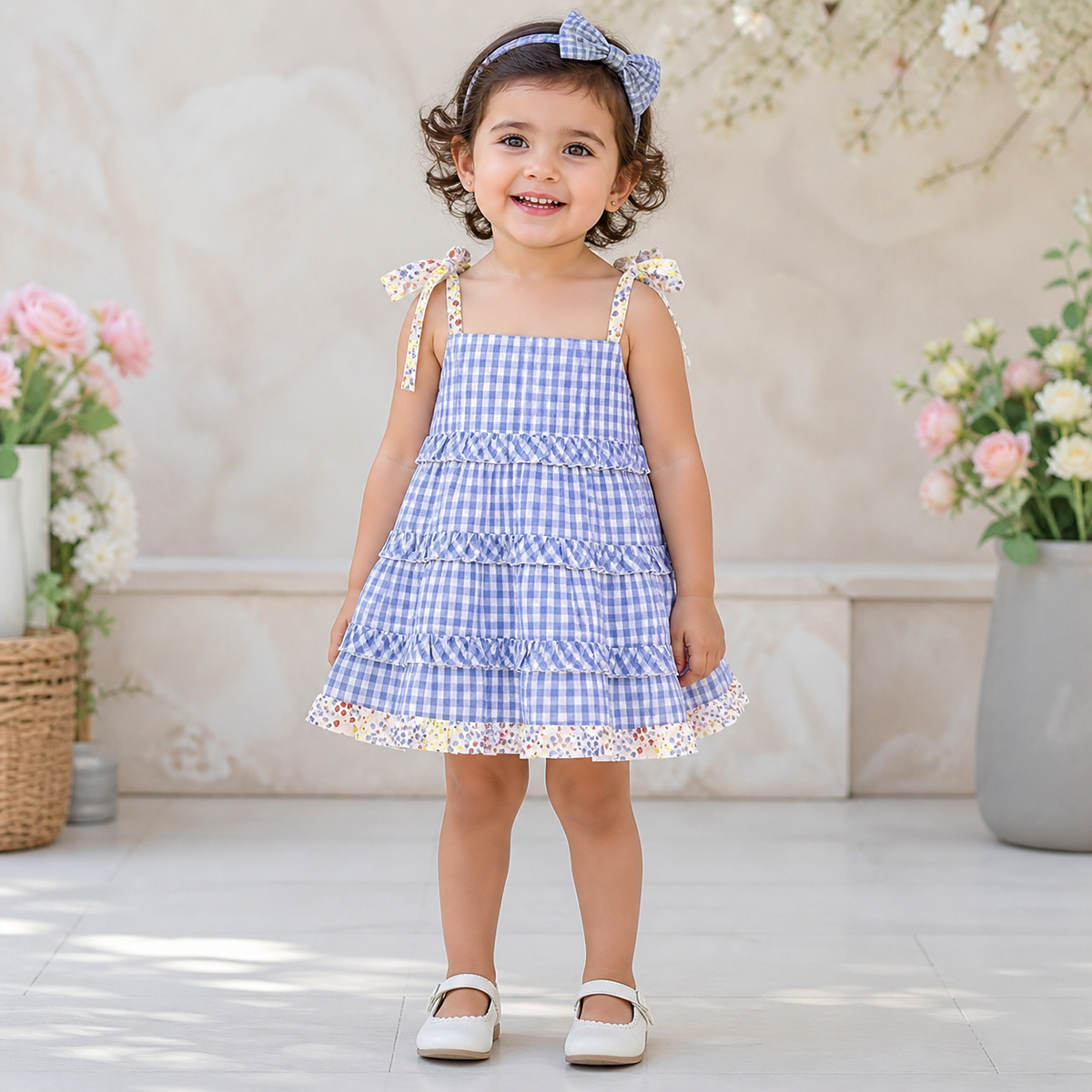 Gingham Tiered Dress With Hairband - Blue