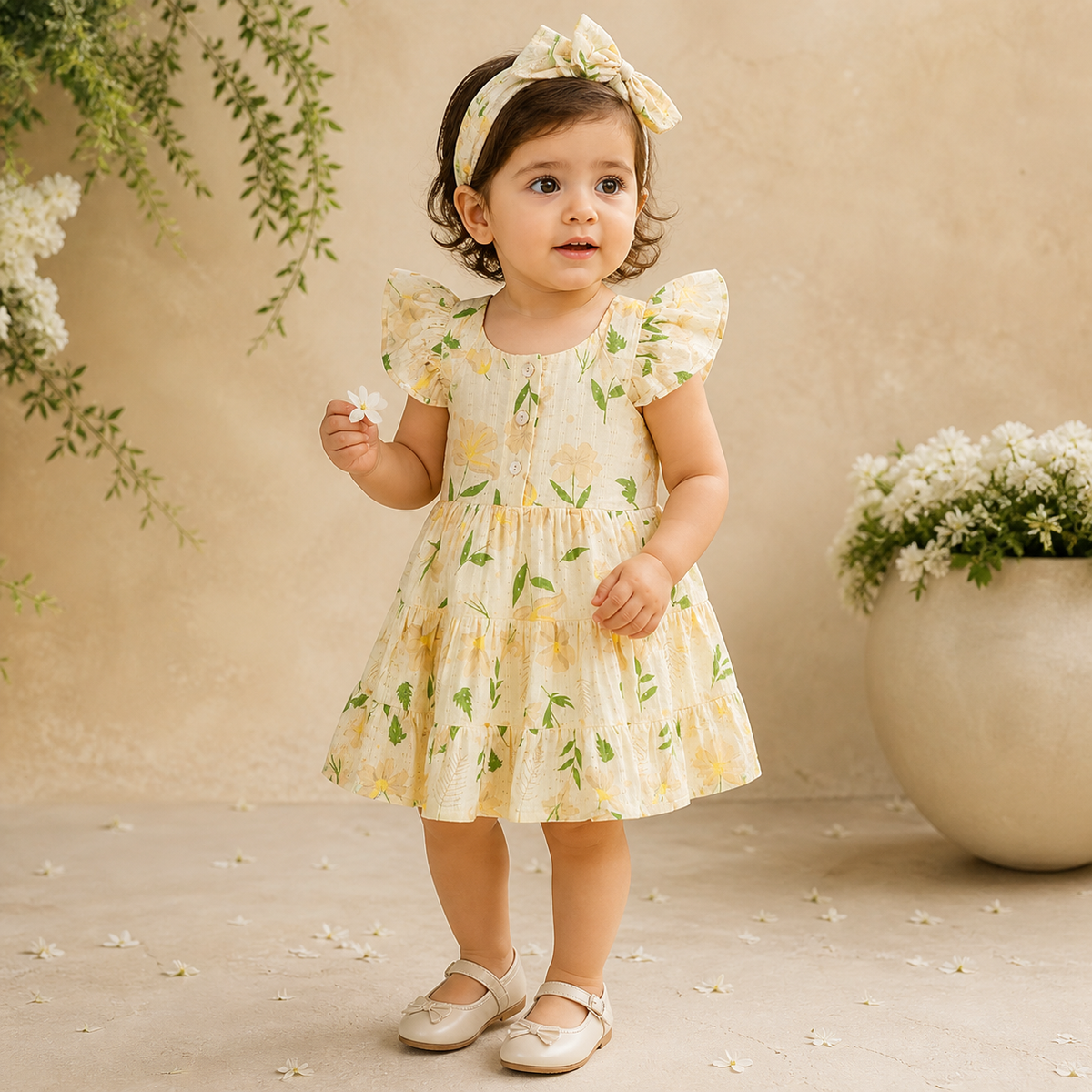 Floral Printed Rah-Rah Dress With Bloomer & Hairband - Light Yellow