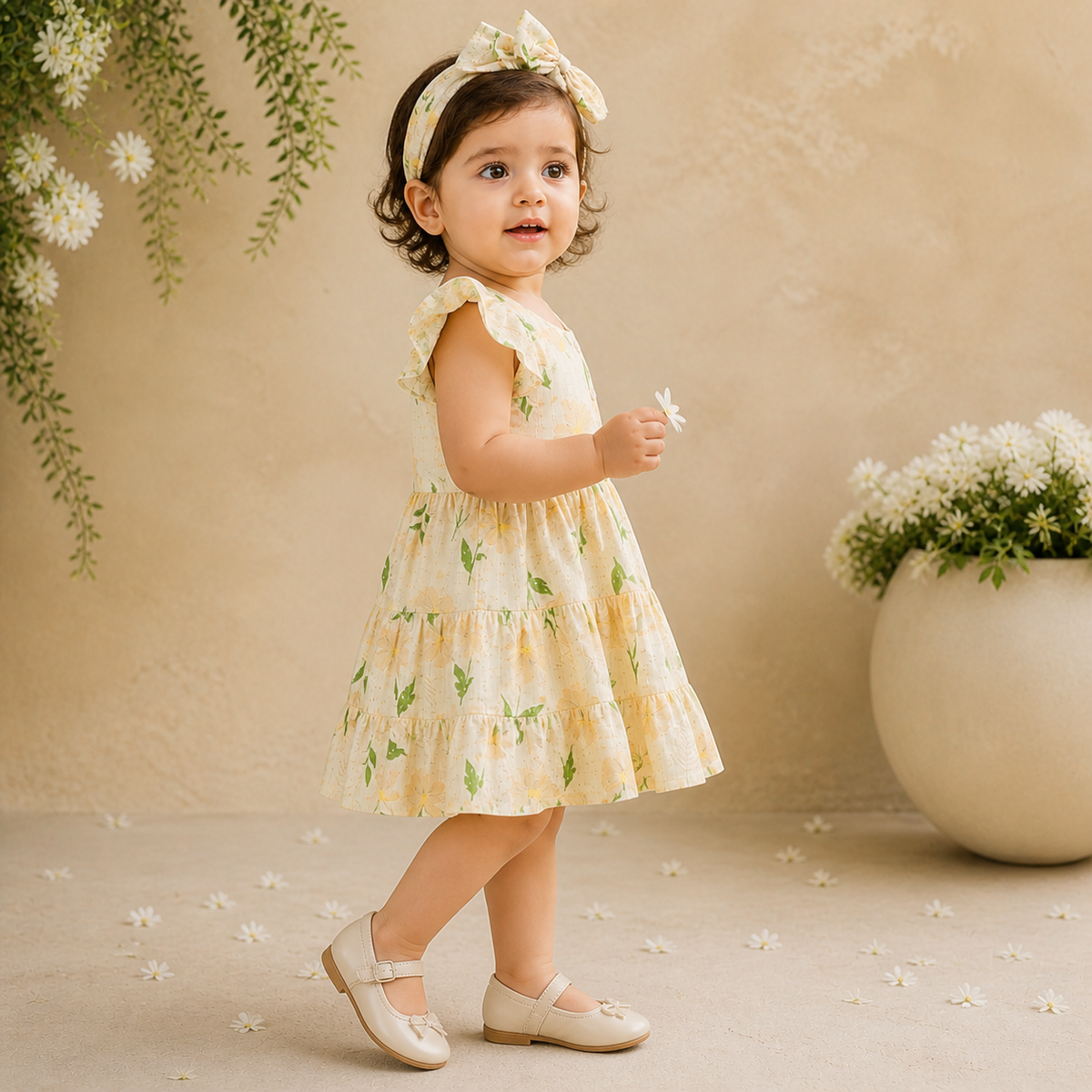 Floral Printed Rah-Rah Dress With Bloomer & Hairband - Light Yellow