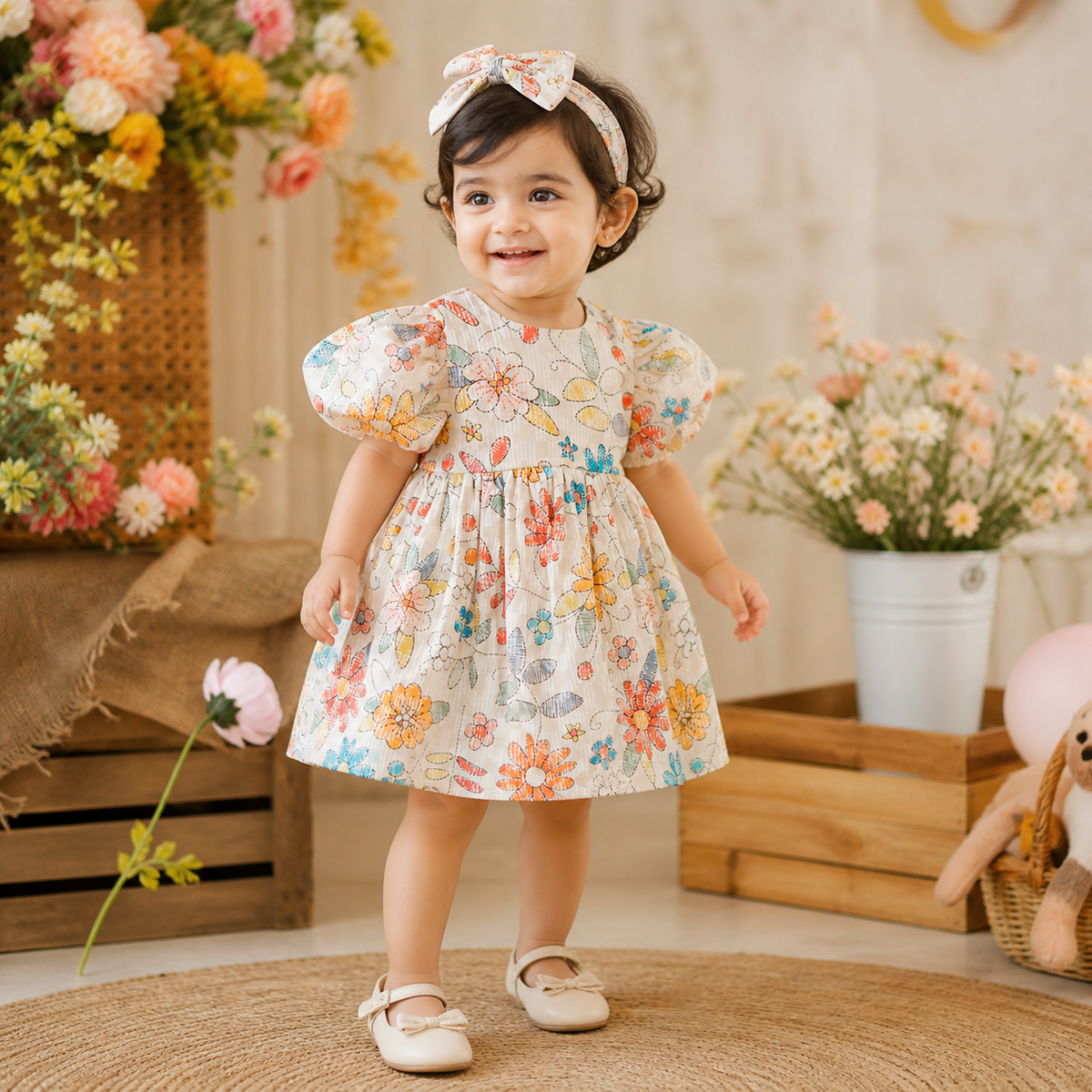 Floral Printed Puff Sleeves Dress With Bloomers & Hairband - Off White