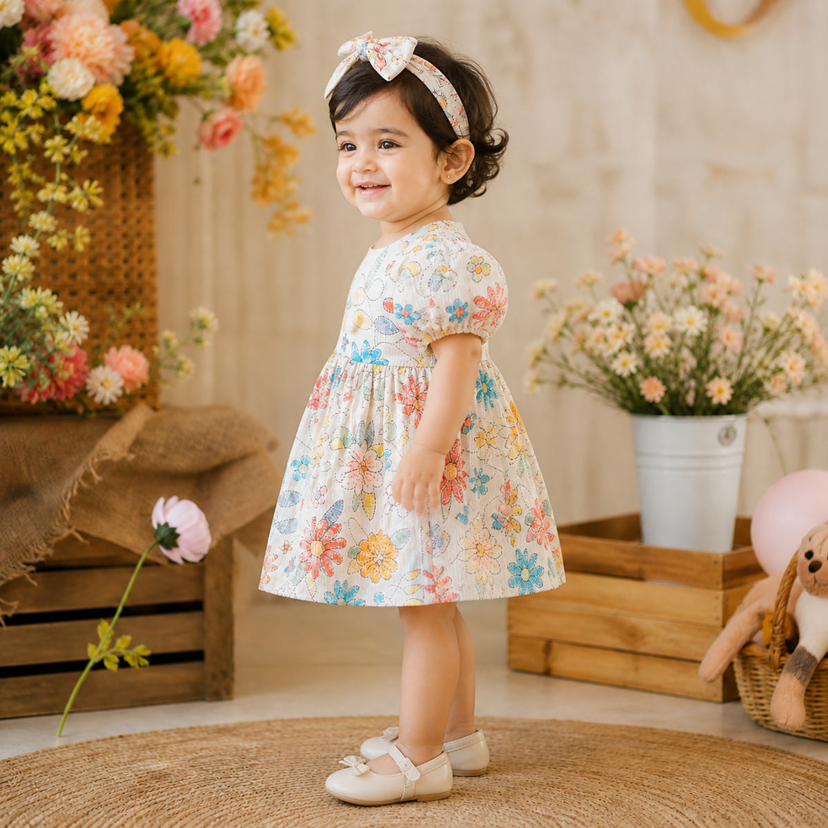 Floral Printed Puff Sleeves Dress With Bloomers & Hairband - Off White