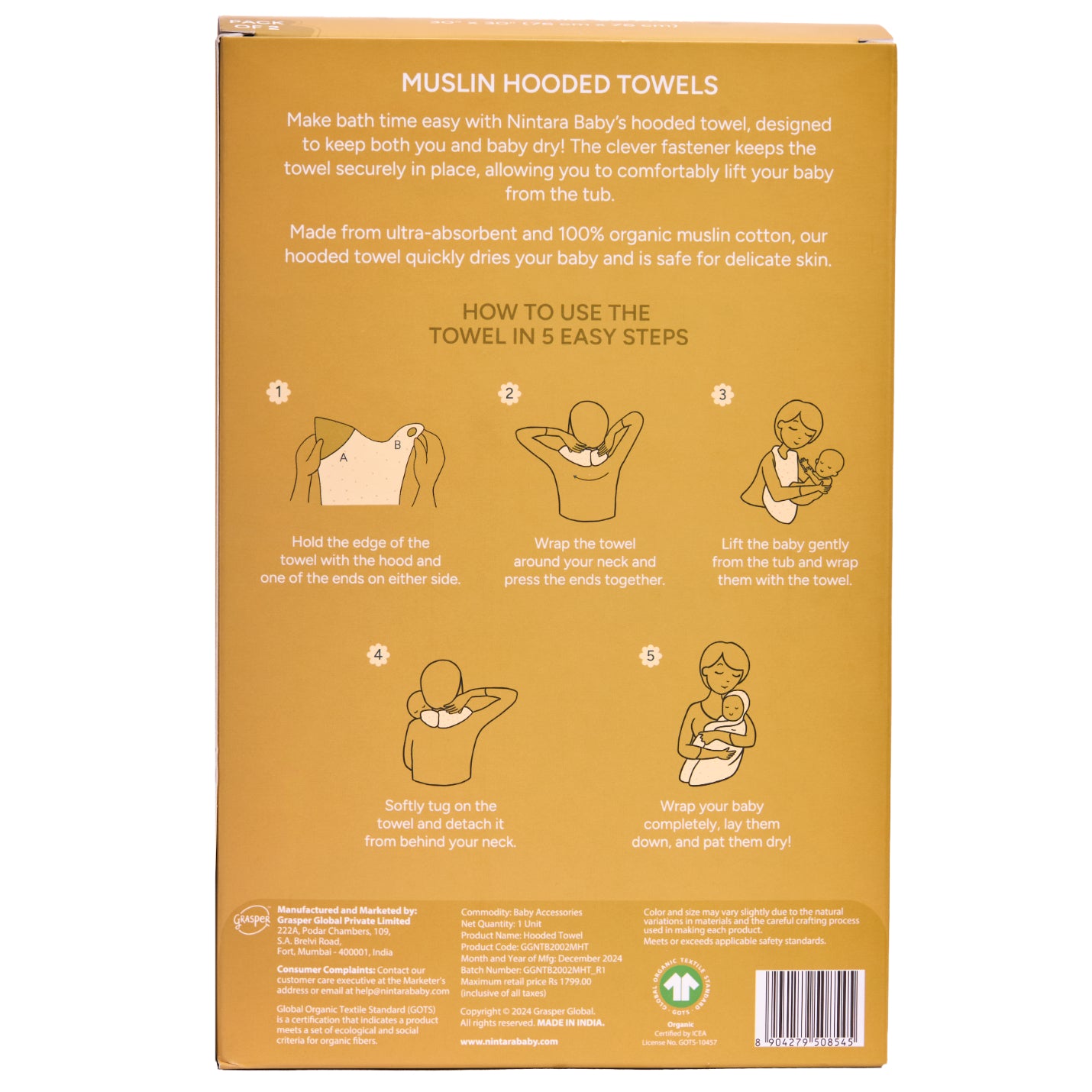 Nintara Baby Hooded Towel - 100% Organic Premium Muslin Cotton, 30" x 30" (76 cm x 76 cm), Ultra-Absorbent, Soft, Breathable, Hypoallergenic, Multipurpose, Gifts for Babies & Infants