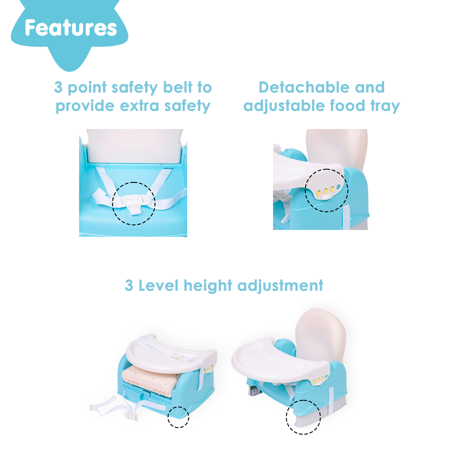 Baby Moo Foldable Feeding Booster Seat Adjustable Height And Food Tray Blue