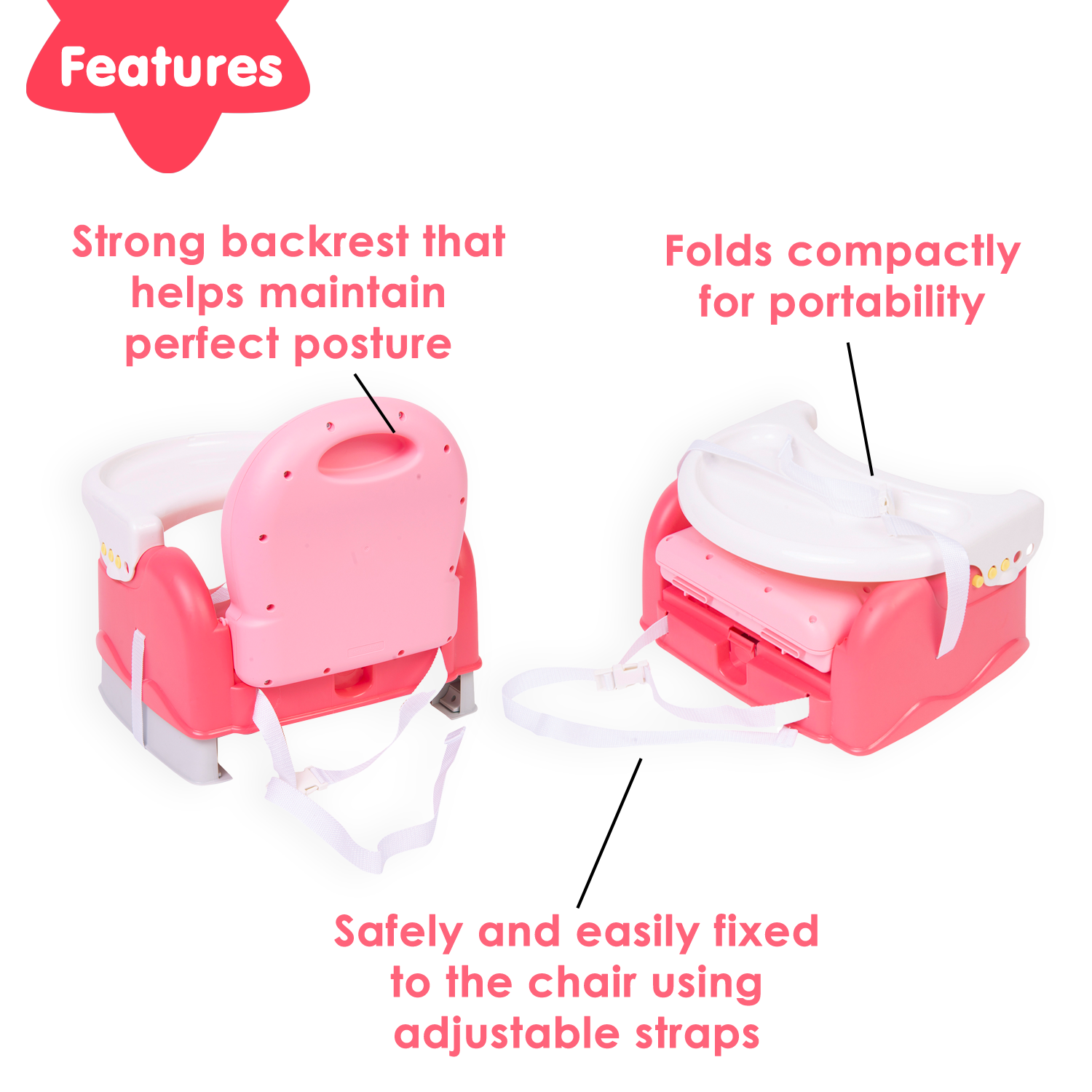 Baby Moo Foldable Feeding Booster Seat Adjustable Height And Food Tray Pink