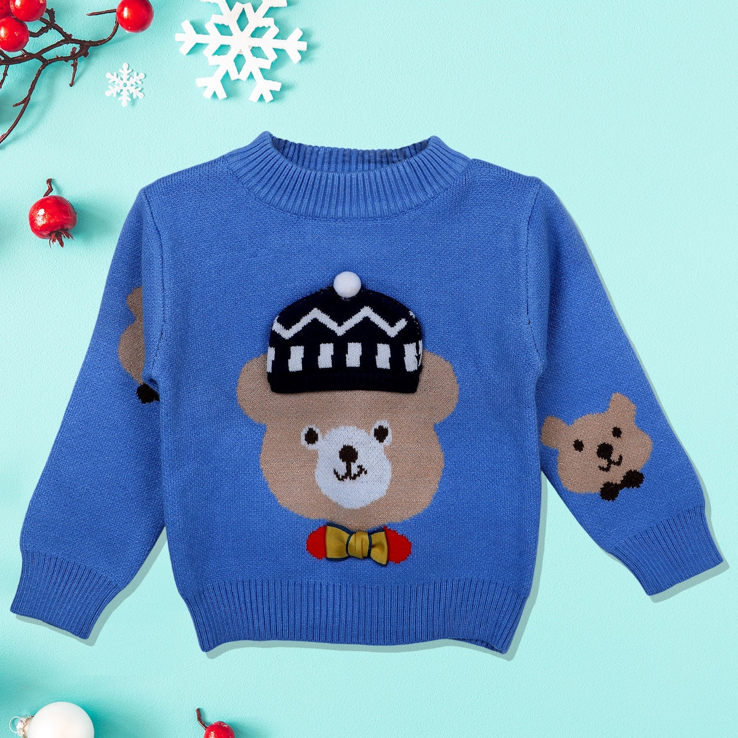 Mr. Bear Premium Full Sleeves Knitted Sweater With 3D Applique - Blue - Baby Moo
