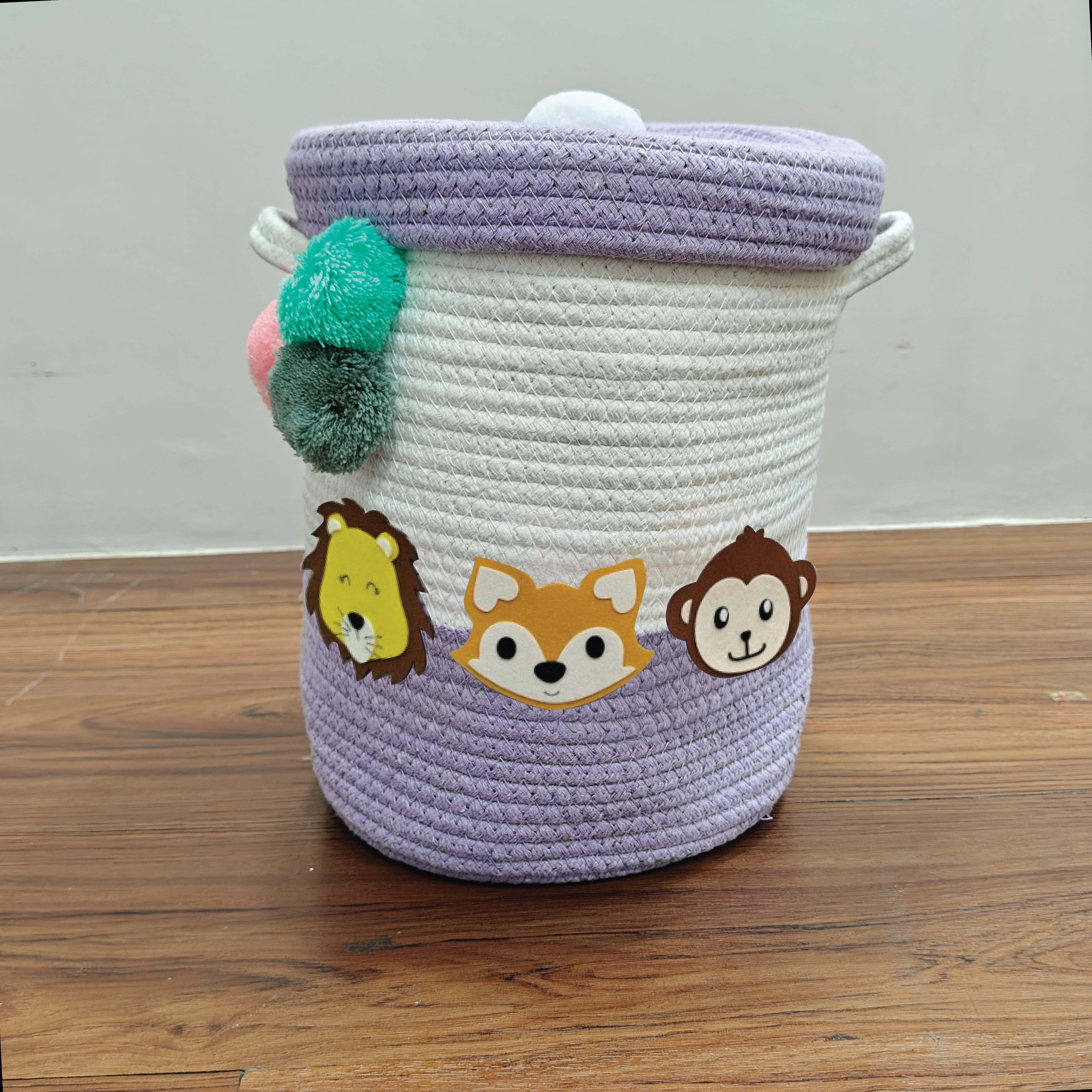 Jute Cotton Storage Basket with Lid-Purple Paw