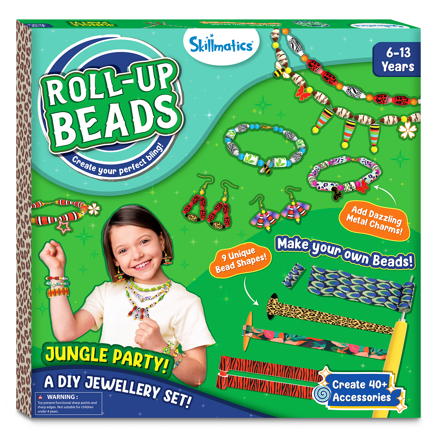 Skillmatics Craft Activity - Roll-Up Beads Jungle Party DIY Kit, 350+ Charms & Beads, Create 40+ Necklaces, Earrings and Bracelets, Gifts for Tweens and Girls, Ages 6, 7, 8, 9, 10, 11, 12, 13